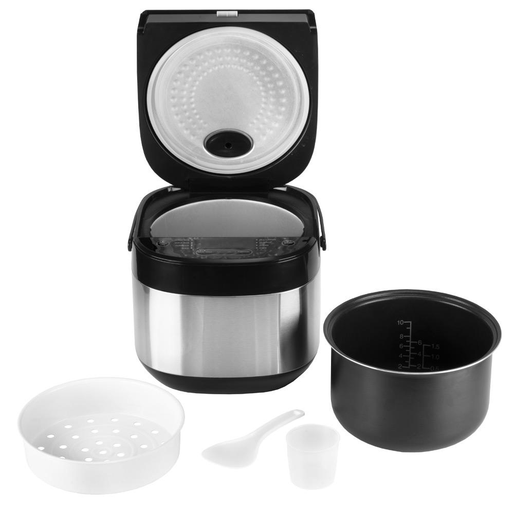 Reiskocher mit abnehmbarem Innentopf, Dampfgarer, Messbecher und Löffel. Schwarz-Silber Design.