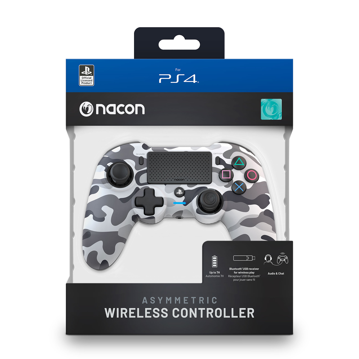Un controller Playstation dentro una scatola, con motivo mimetico e testo.