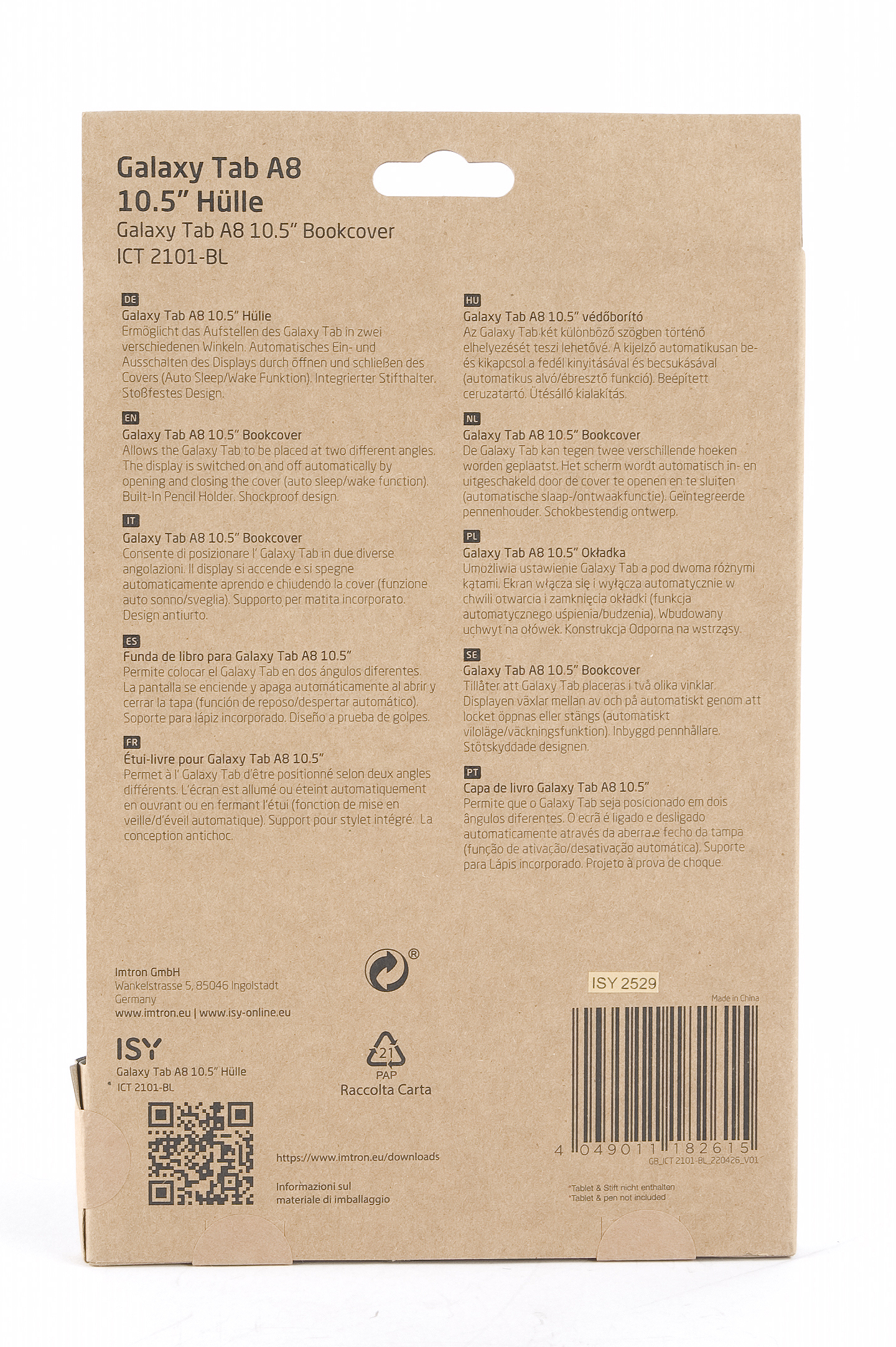 Rückseite einer Galaxy Tab A8 10.5" Bookcover-Box mit Text in mehreren Sprachen.