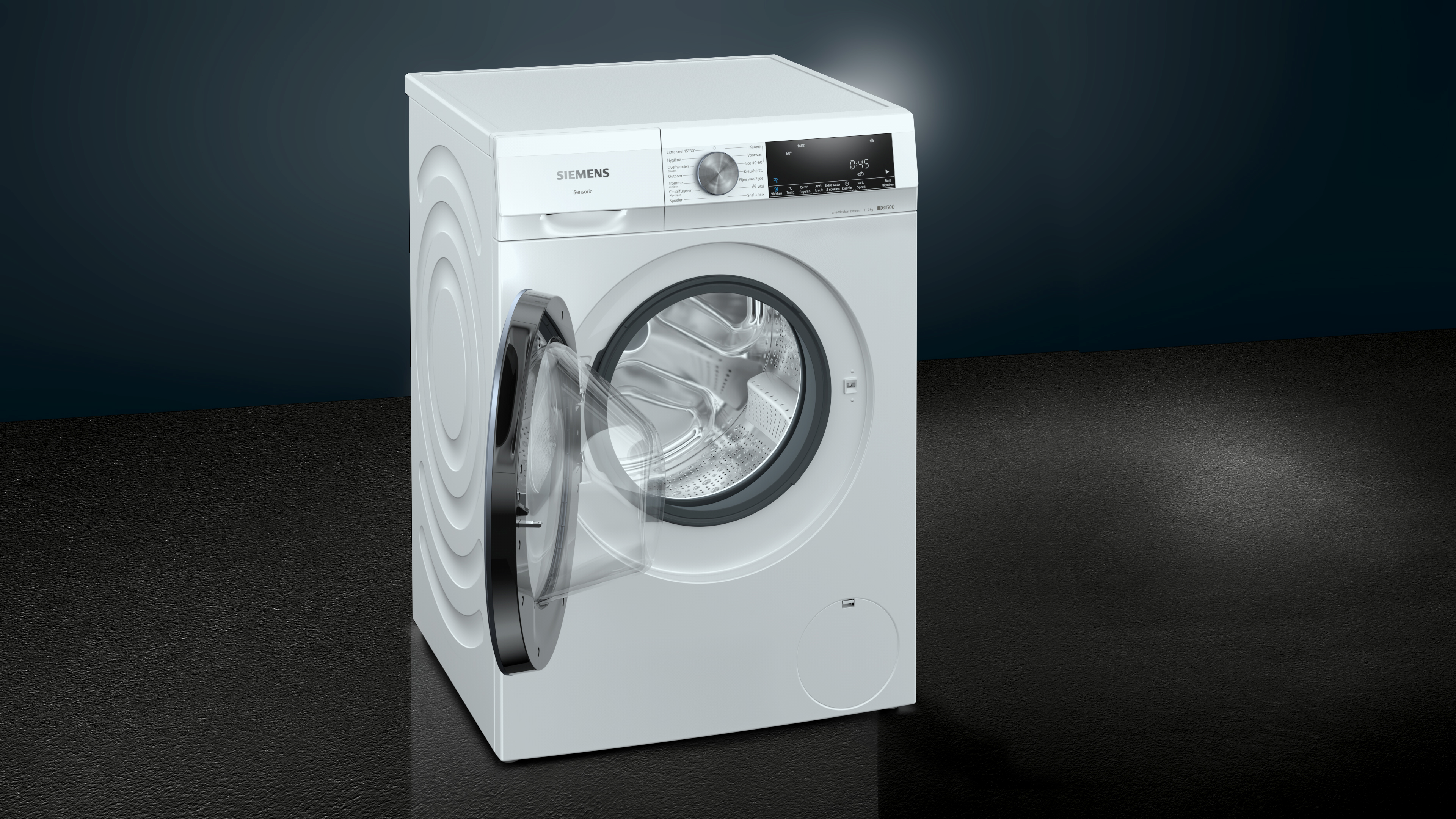 A white Siemens washing machine with its door open and a digital display.