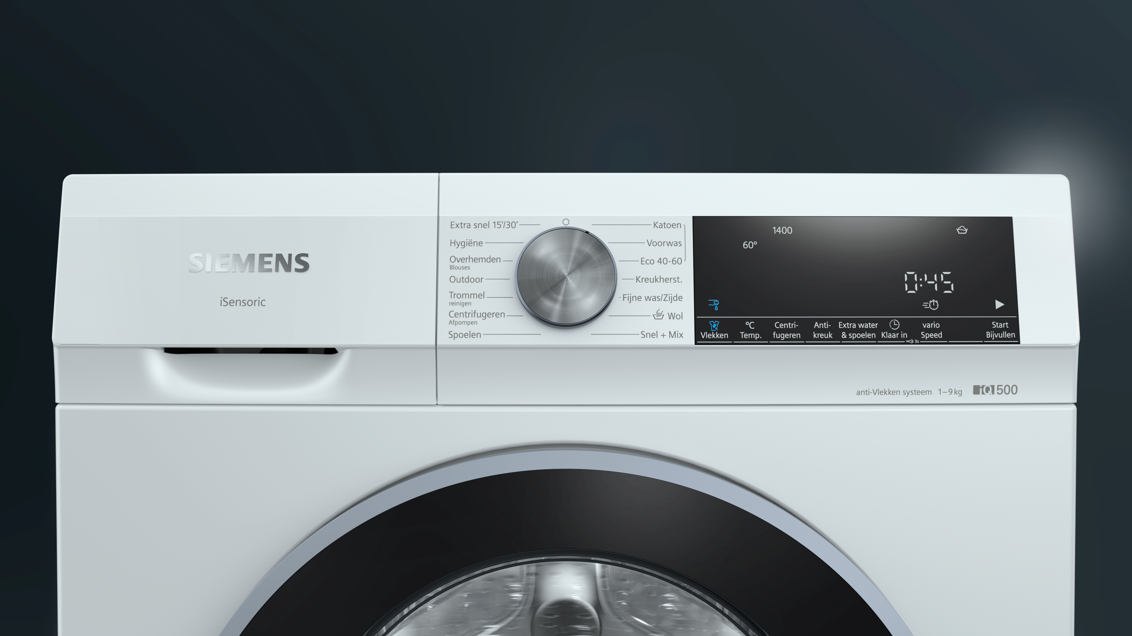 White Siemens washing machine with digital display and program selection dial.