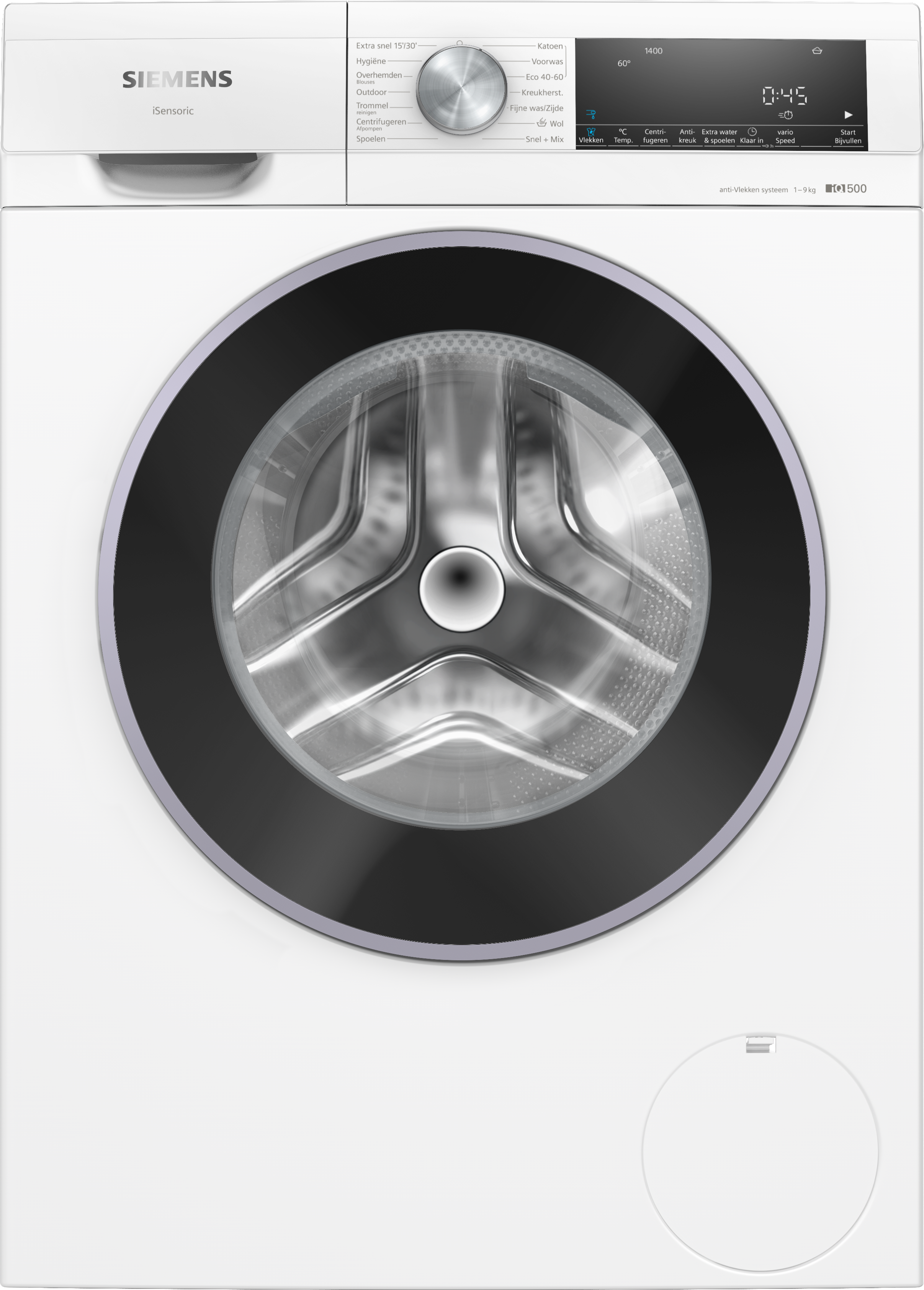 A white Siemens washing machine with a silver door and digital display.