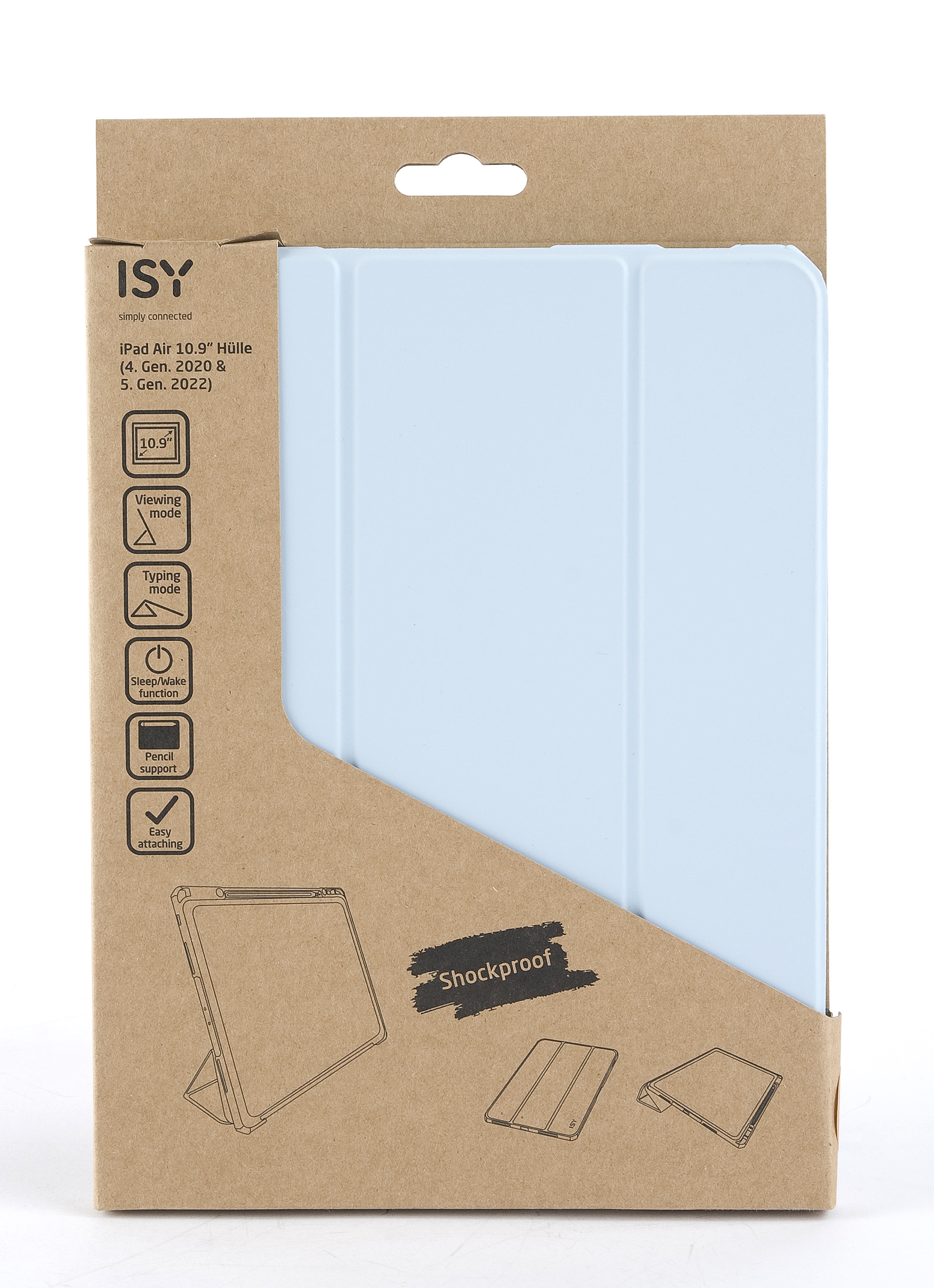 Hellblaue iPad-Hülle in einem Karton. Die Box hat Details und eine Aussparung zum Aufhängen.
