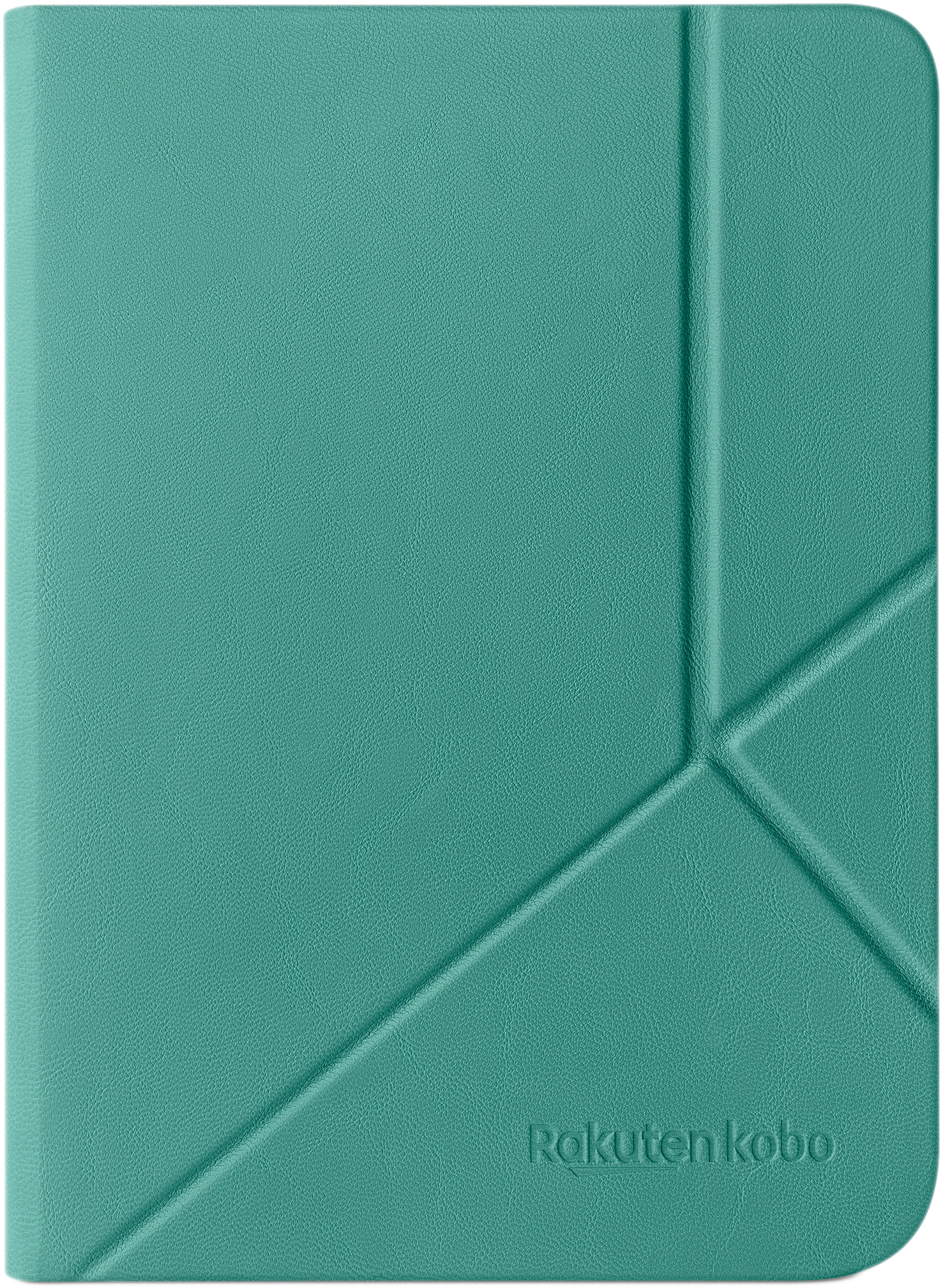 Une housse de tablette de couleur sarcelle avec un design géométrique et un logo Rakuten Kobo blanc.