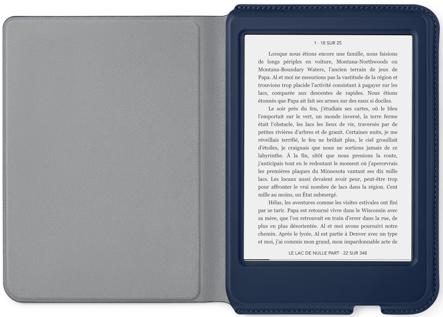E-reader, open with a page of text, in a blue cover. White background.