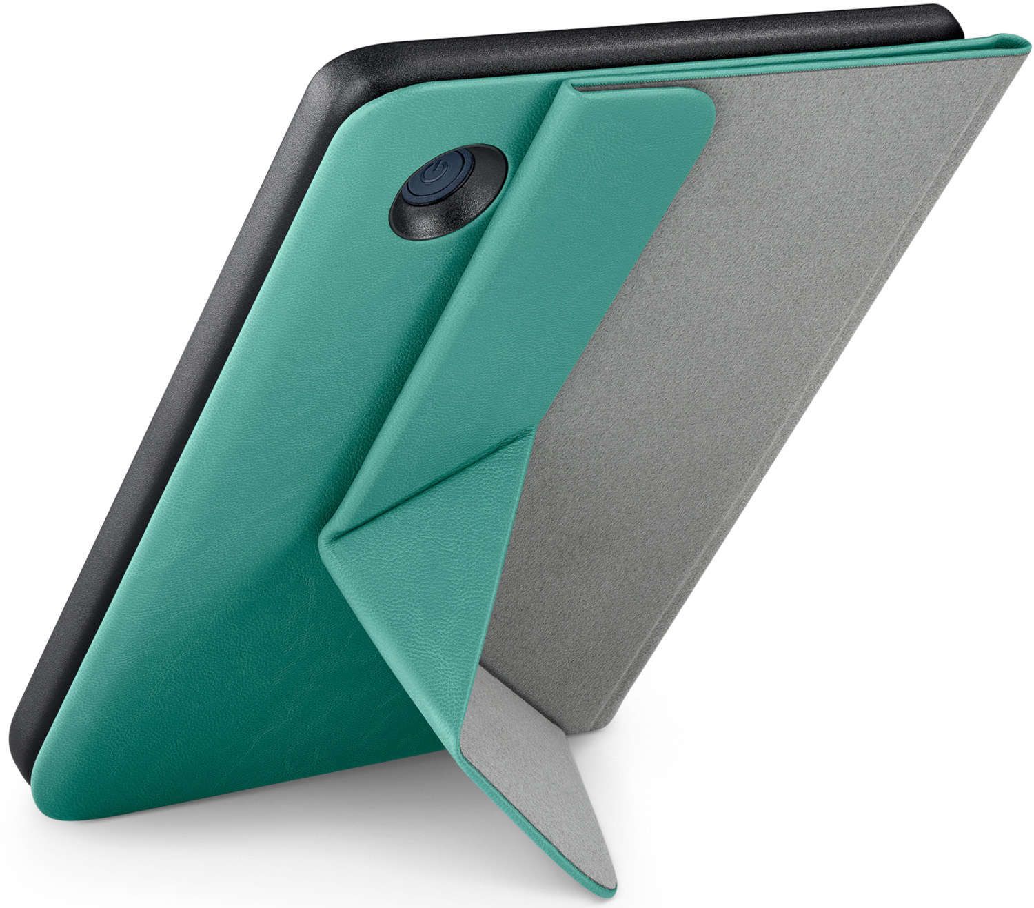 Housse de tablette turquoise ouverte, soutenant l'appareil. Intérieur gris, tablette noire.