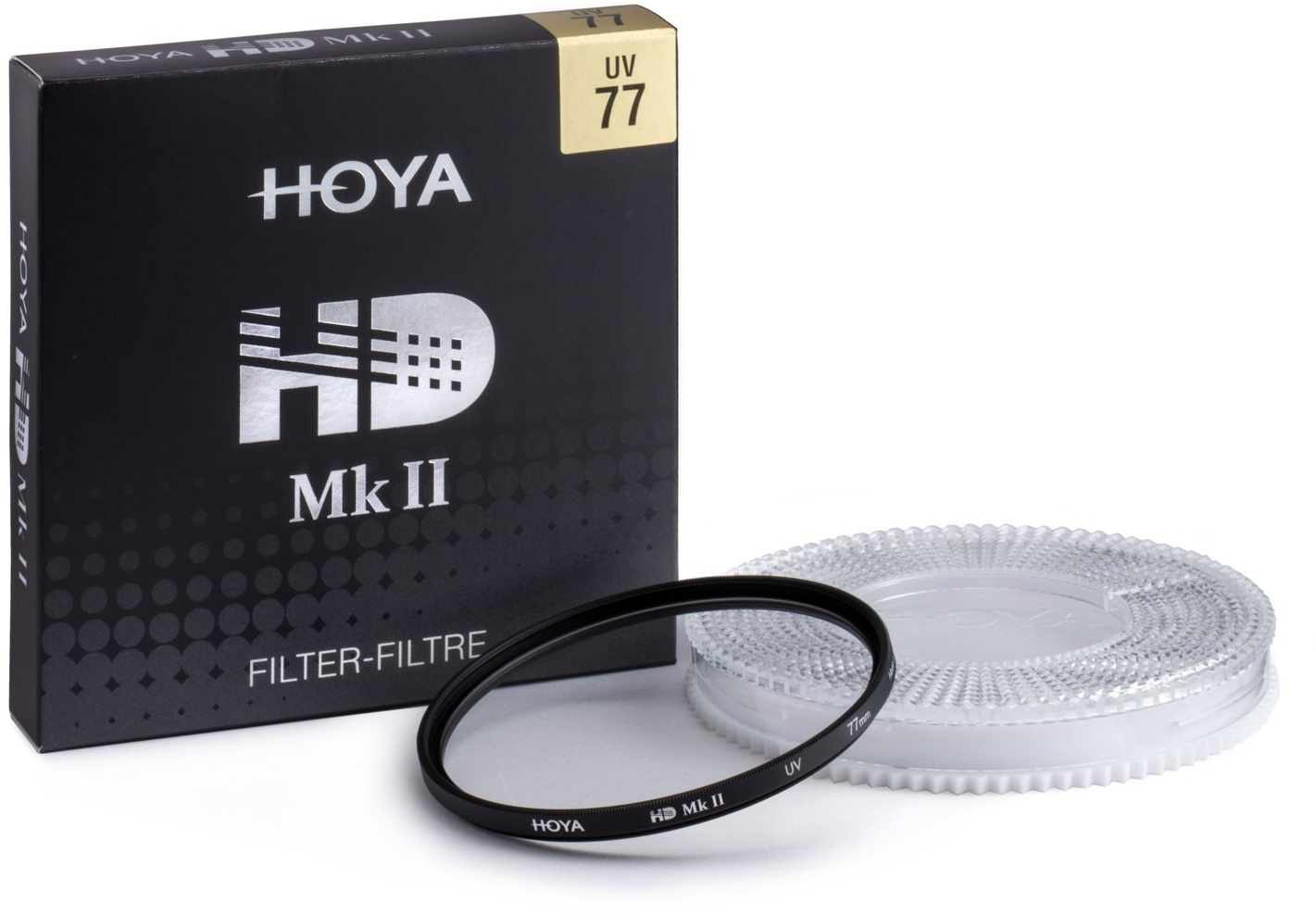 HOYA HD Mk II UV 77 Filter und Box, mit einer transparenten Kunststoffhülle.