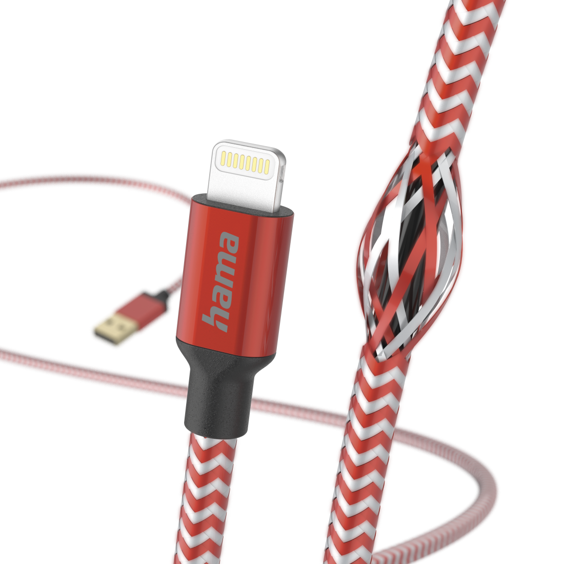 Piros-fehér fonott Hama USB-C kábel, szakadt résszel, amely belső vezetékeket.
