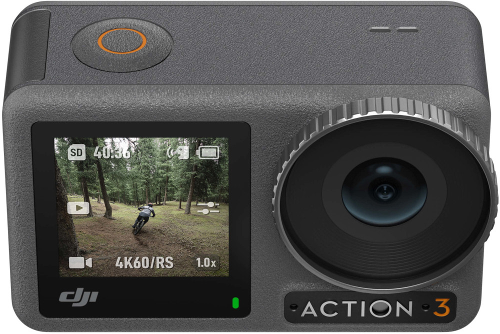 Caméra DJI Action 3, noire et grise, avec écran montrant une personne à vélo.