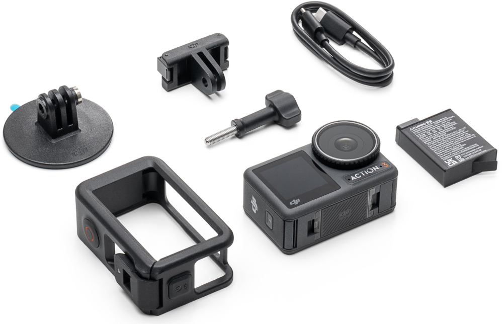 Caméra d'action avec accessoires : cadre, support, batterie et câble.