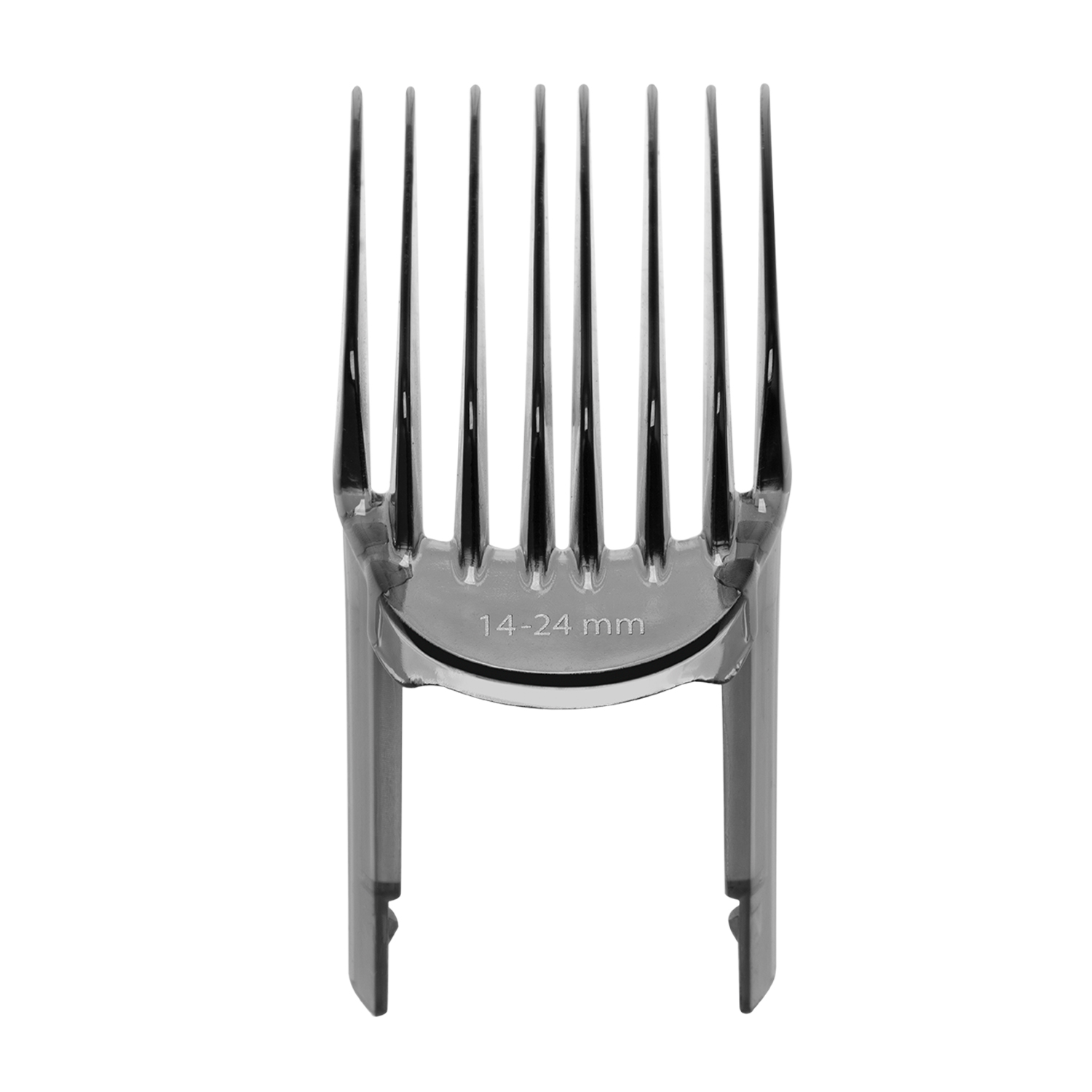 Un accessorio per tagliacapelli grigio trasparente con misure 14-24 mm.