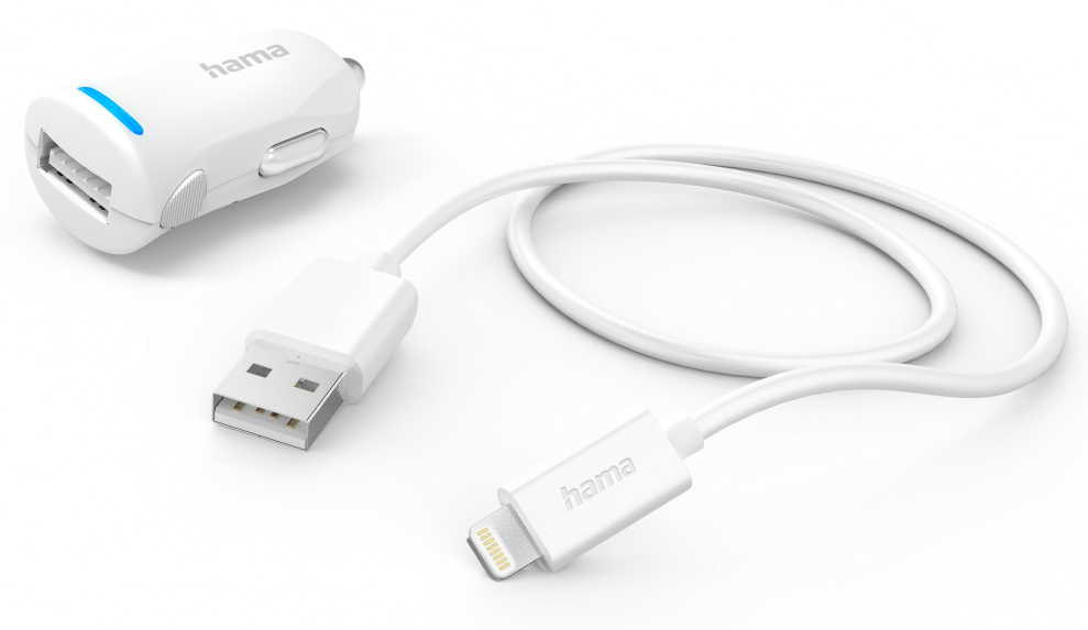 Fehér autós töltő USB porttal és fehér kábellel, Lightning csatlakozóval.