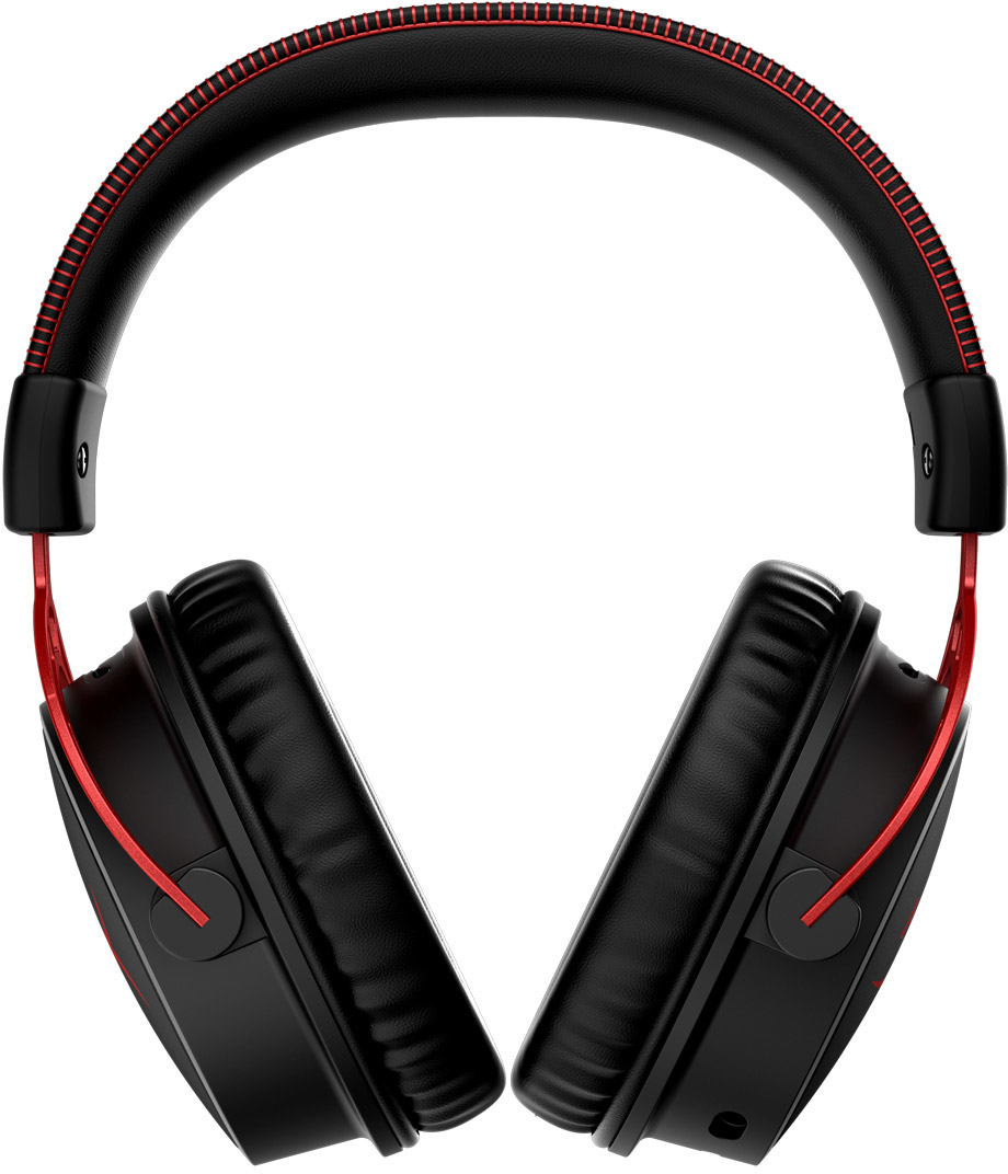 Black headphones with red accents. Red headband and ear cup details are visible.