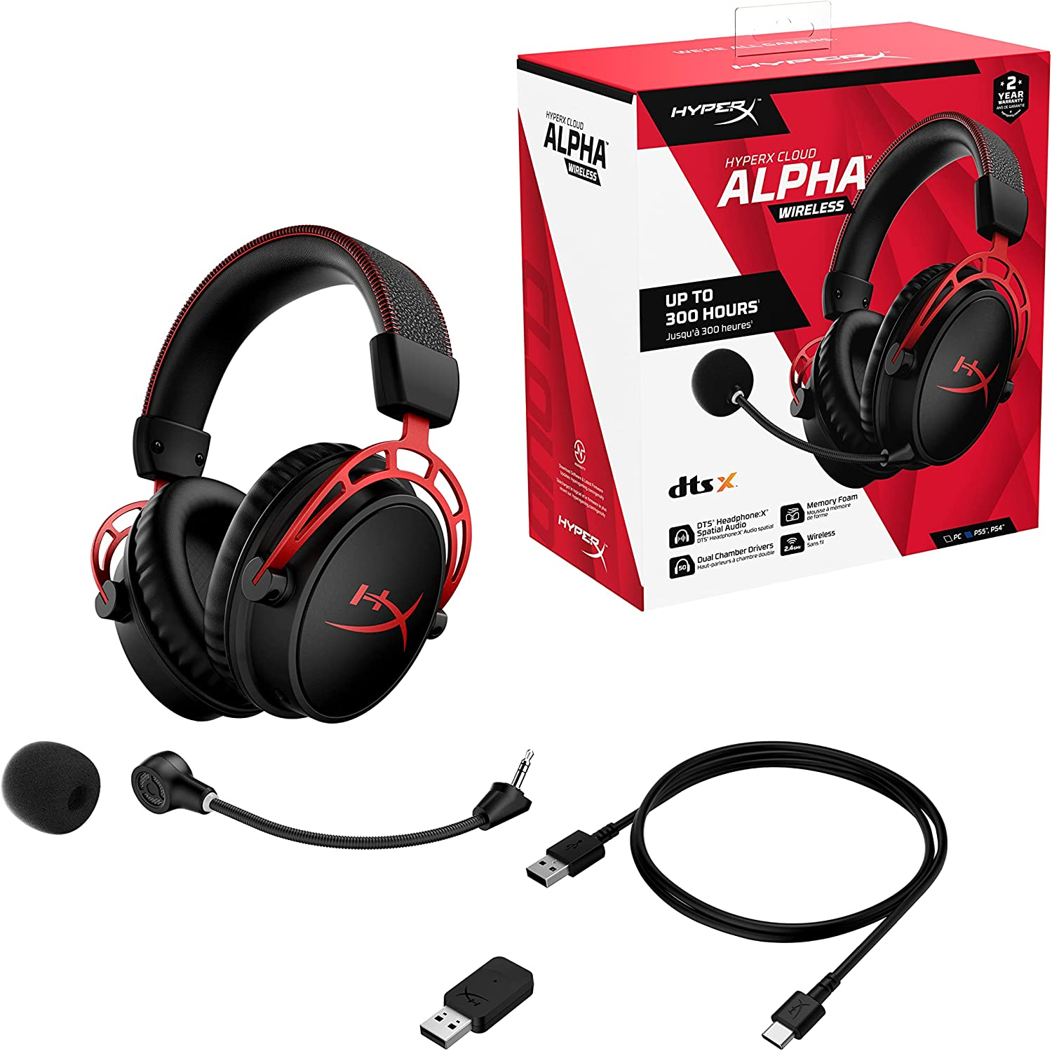 A headset with box and accessories are displayed on a white surface.