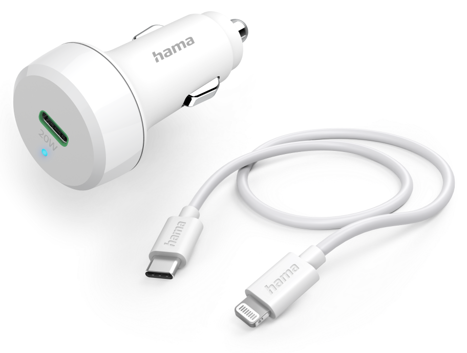 HAMA FIC E3 Autós gyorstöltő, PD, 3A, 20W. USB Type-C - Lightning, fehér (201611)