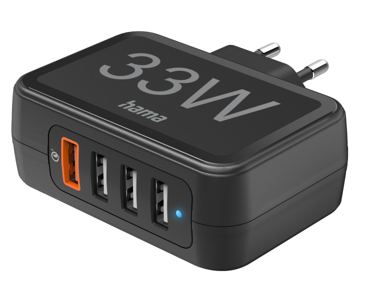 HAMA FIC E3 Hálózati töltő 1xQC 3.0 18W, 3x USB-A, 15W, fekete (201629)