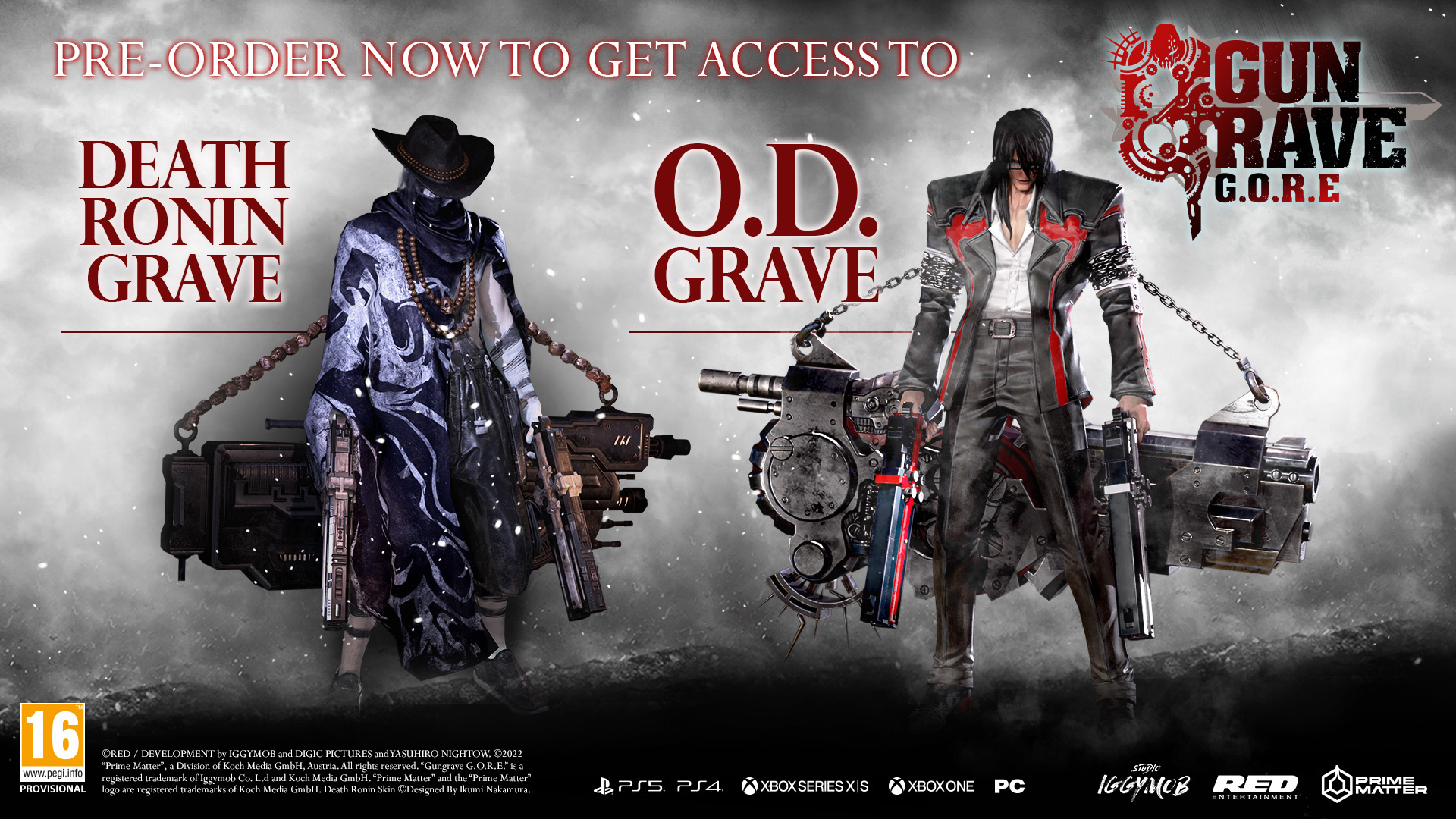 Two characters from 'Gun Grave G.O.R.E' game: Death Ronin Grave and O.D. Grave, with weapons on a promotional poster.