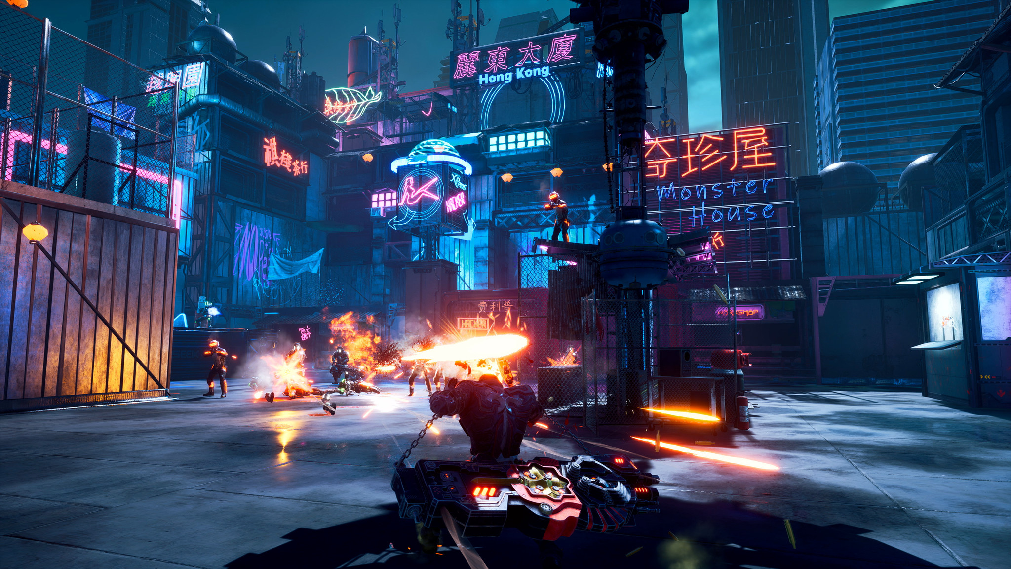 A futuristic city scene with fire, explosions, and figures in action.