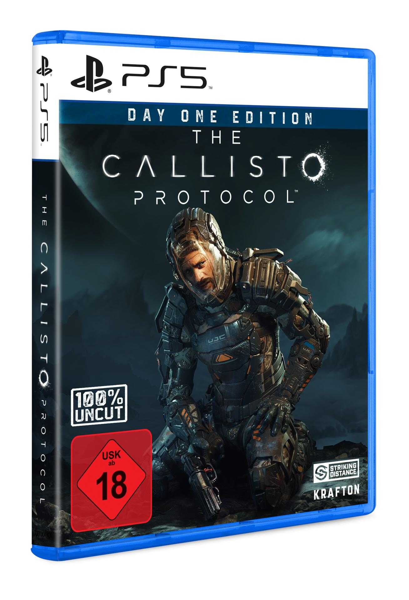 Spielbox für 'The Callisto Protocol', mit einem Mann im Raumanzug auf dem Cover, PS5-Logo oben.