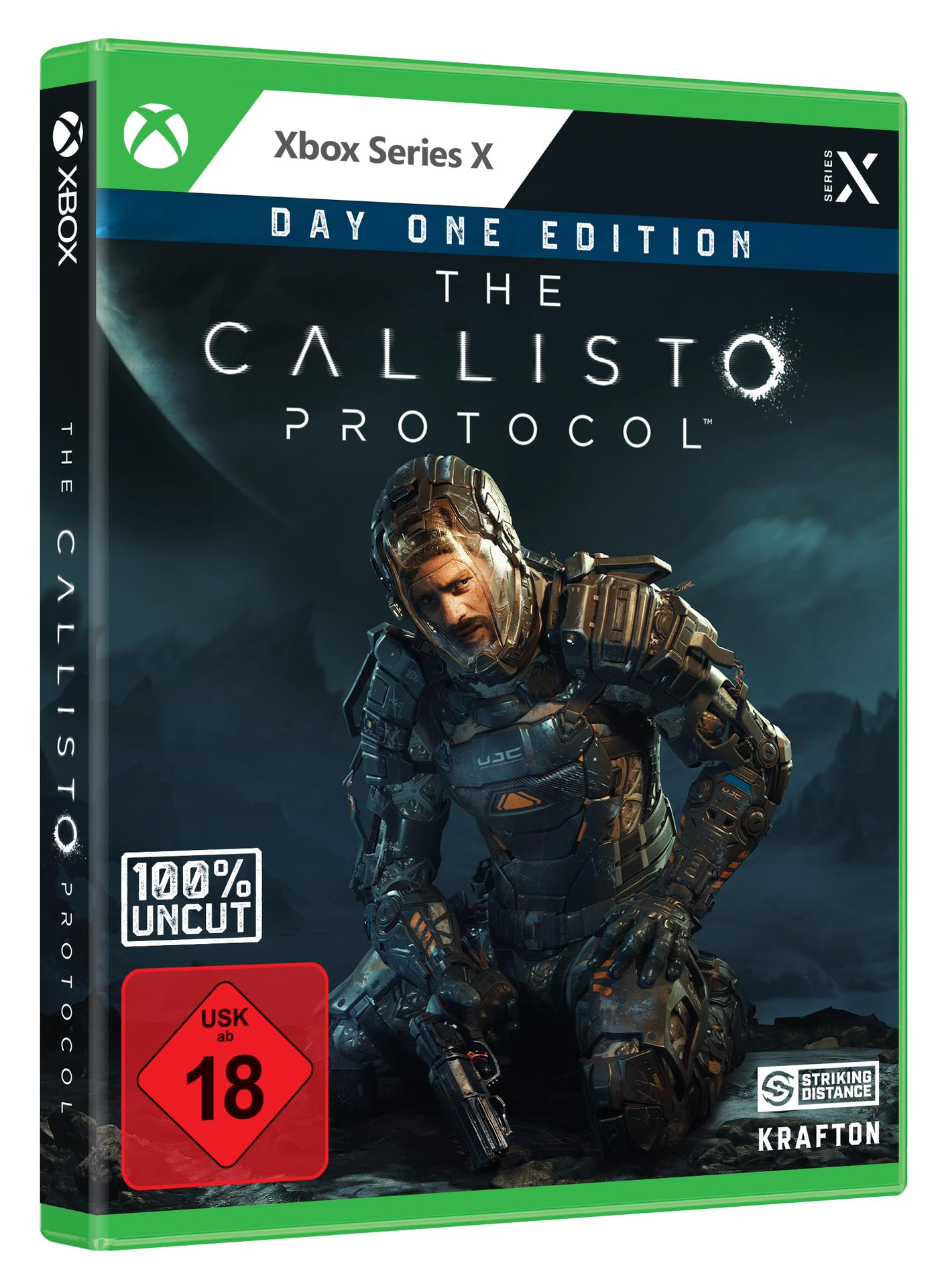 The Callisto Protocol Spielbox für Xbox Series X. Grüne Box mit Spieltitel und Charakteren.