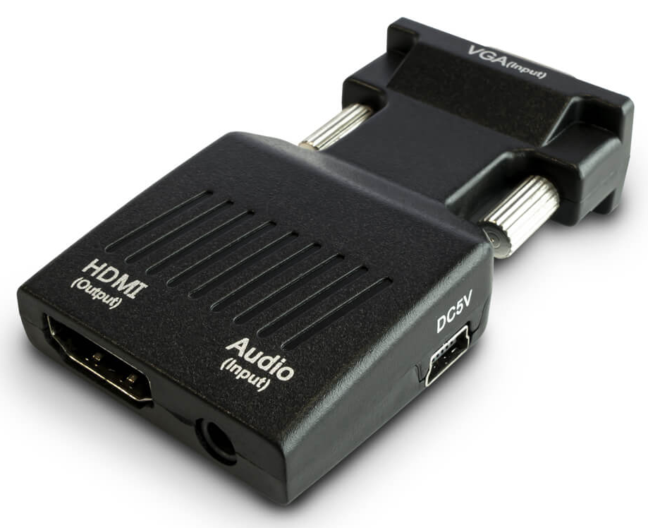 Fekete HDMI-VGA adapter, bemenetekkel címkézve.