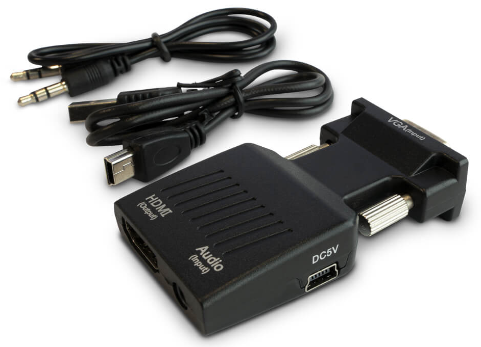 Egy fekete HDMI adapter három kábellel. Van USB, HDMI és audio bemenete.