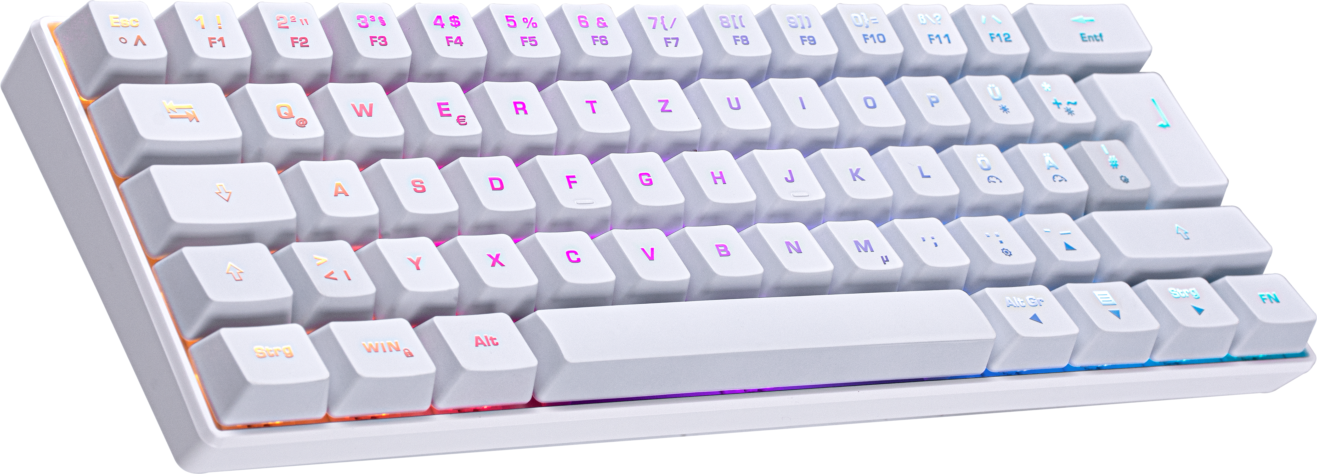 Weiße Kompakt-Tastatur mit beleuchteten Tasten. Die Tasten haben Buchstaben, Zahlen und Symbole.
