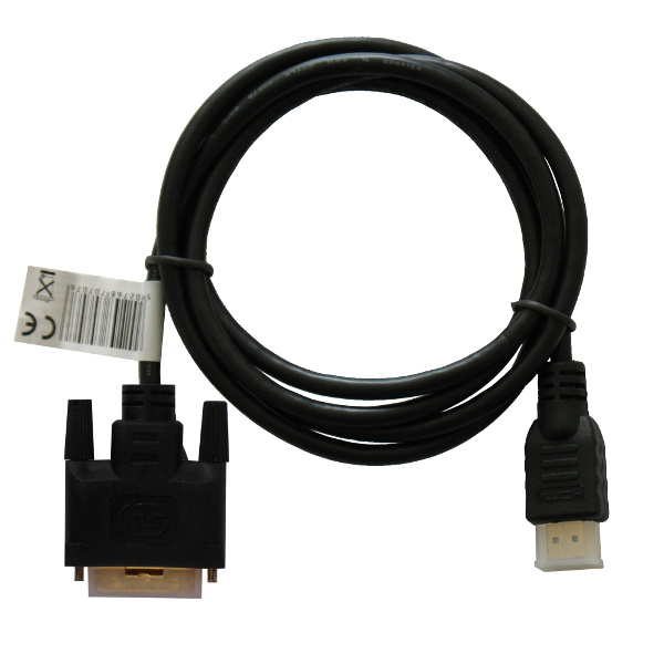 Fekete DVI-HDMI kábel, feltekerve, a csatlakozók láthatók mindkét végén.