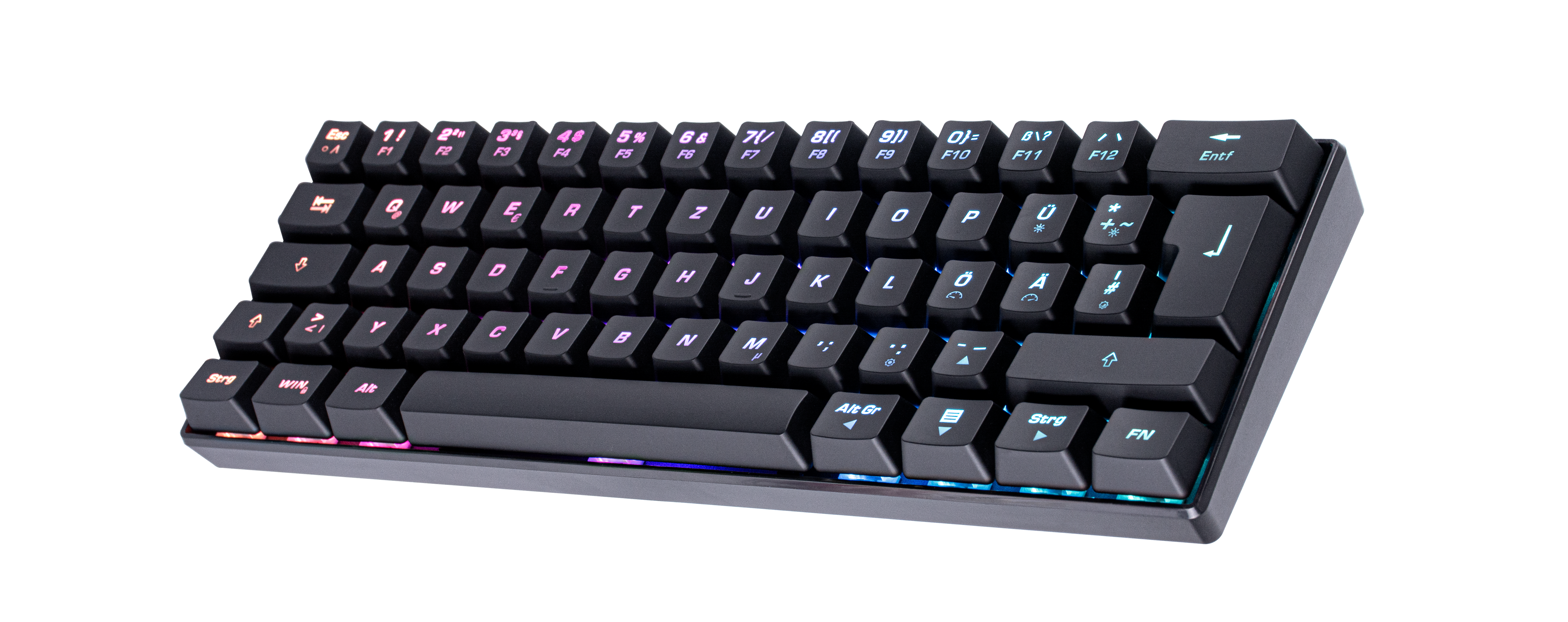 Schwarze mechanische Tastatur mit farbenfrohen beleuchteten Tasten.