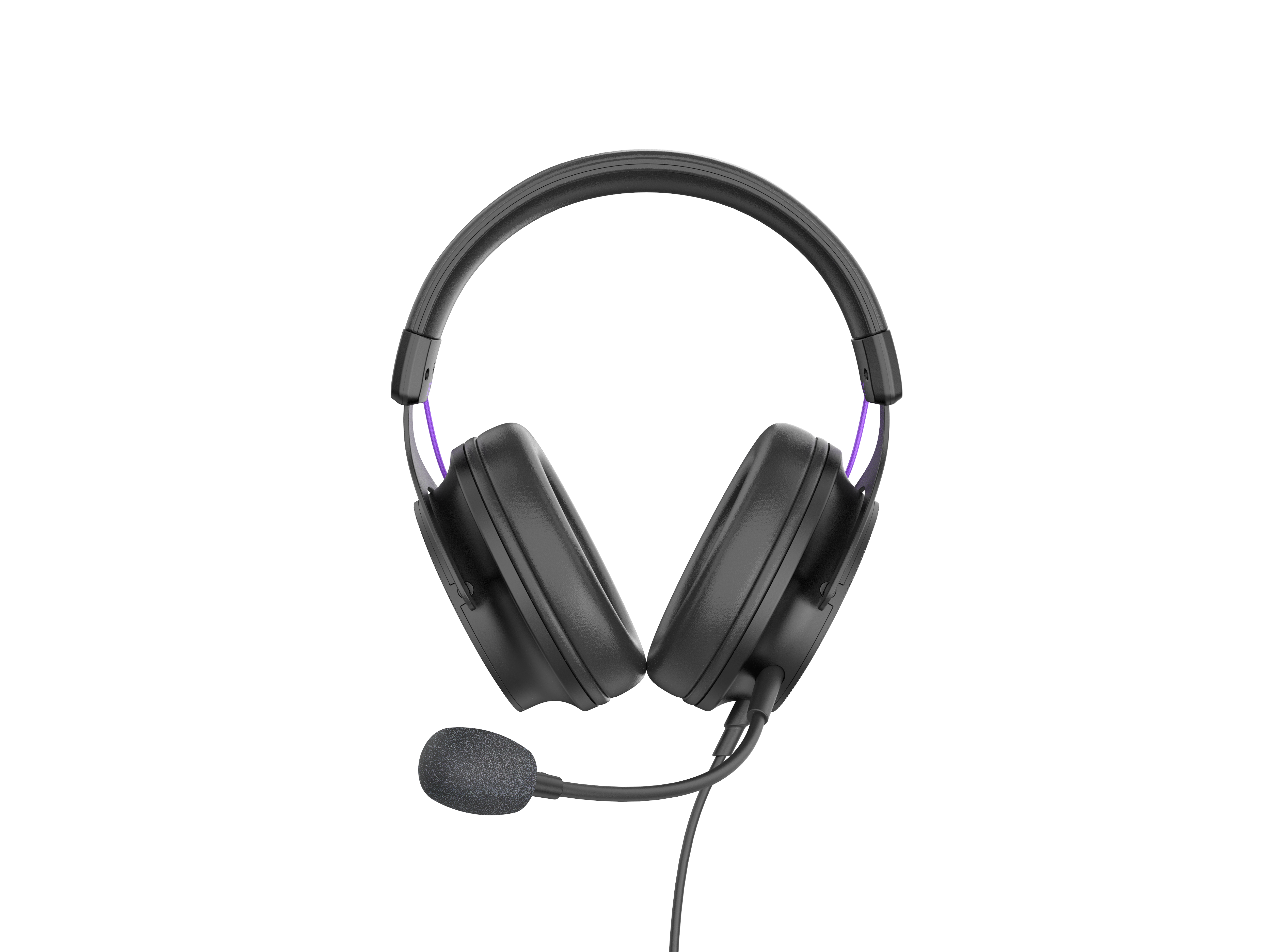 Schwarzes Headset mit Mikrofon. Das Headset hat violette Akzente und einen neutralen Hintergrund.