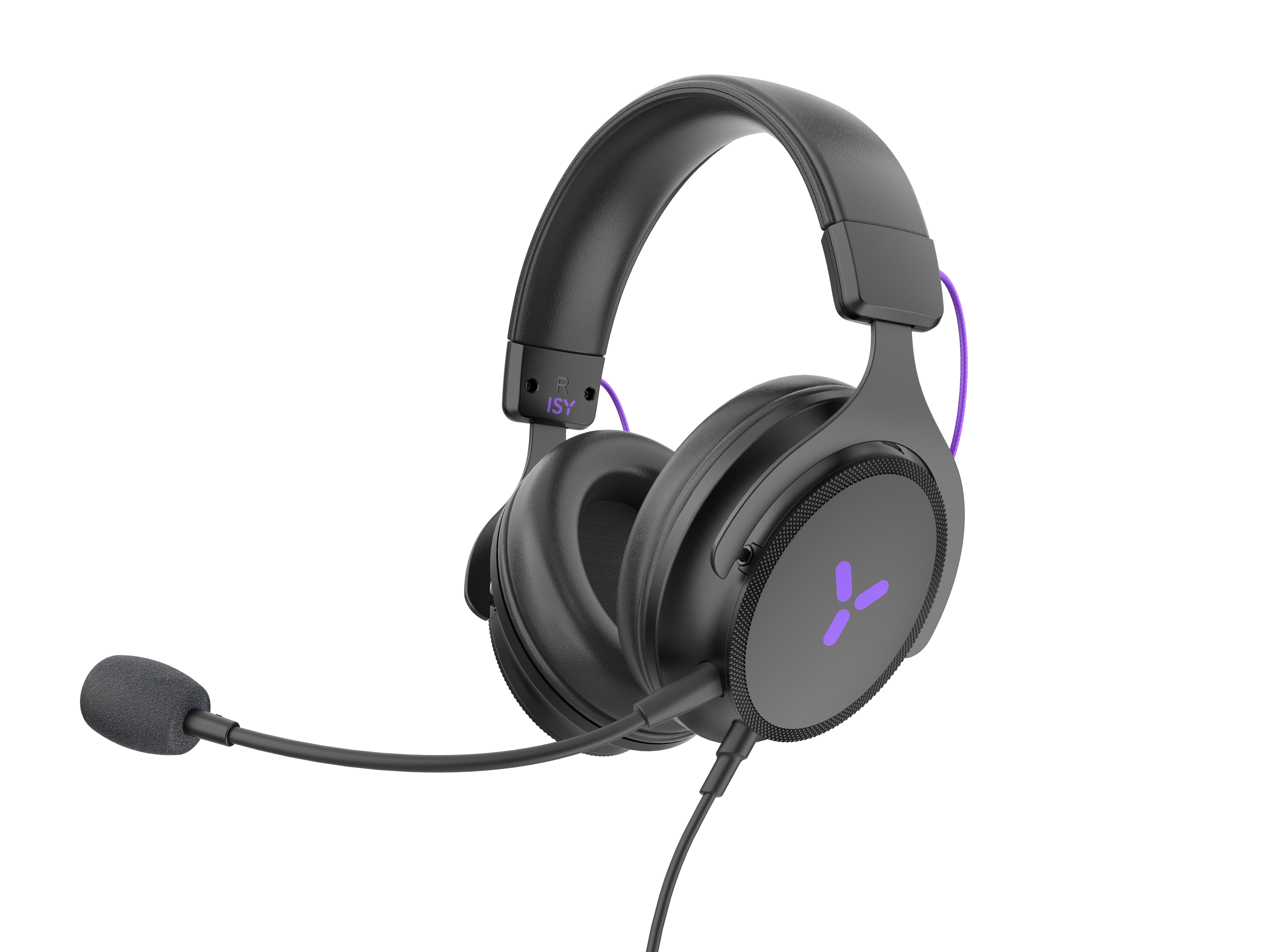 Schwarzes Gaming-Headset mit lila Akzent und Mikrofon.
