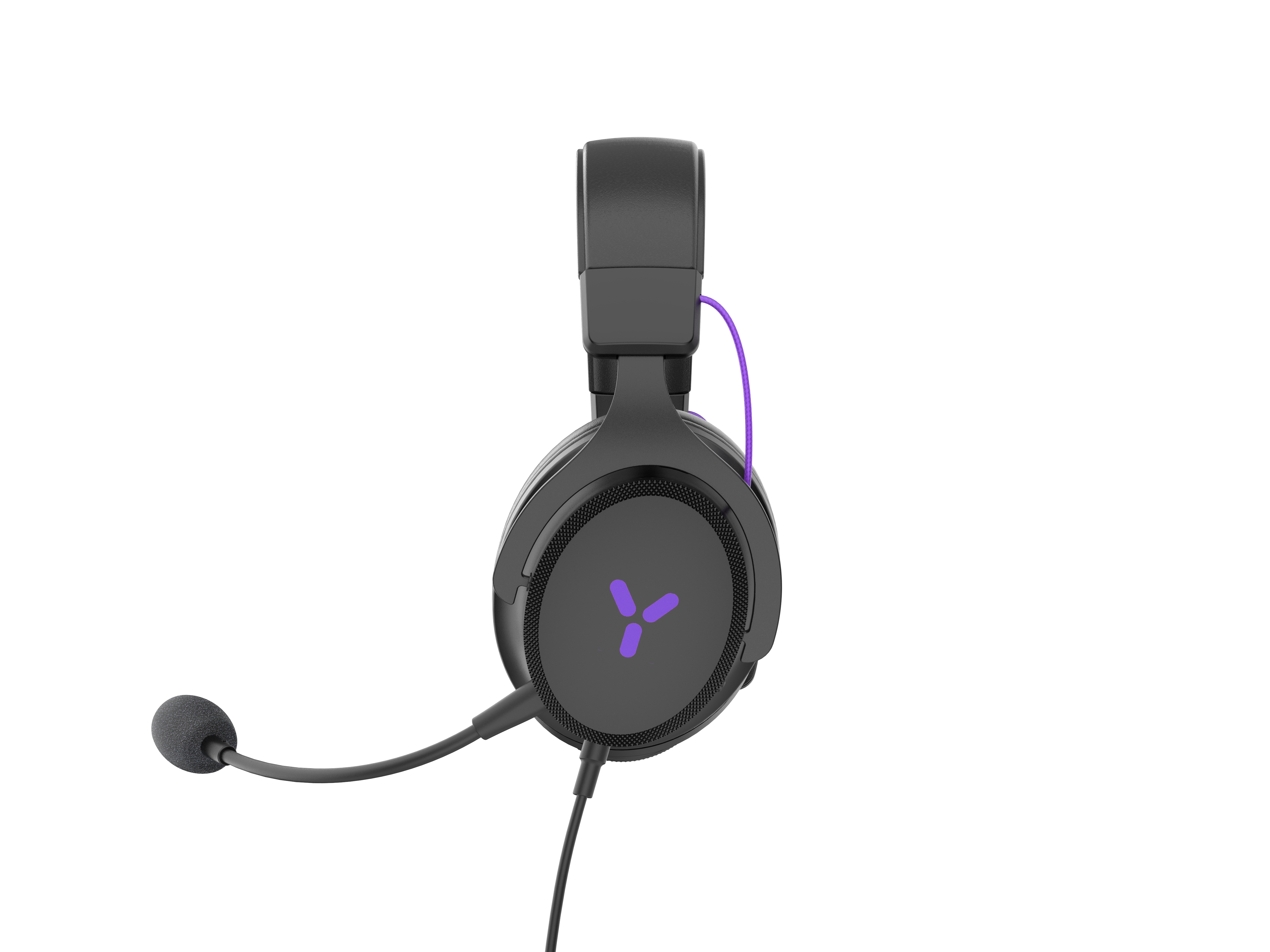 Schwarzes Headset mit Mikrofon. Lila Akzente auf dem Ohrmuschel und dem Kabel.