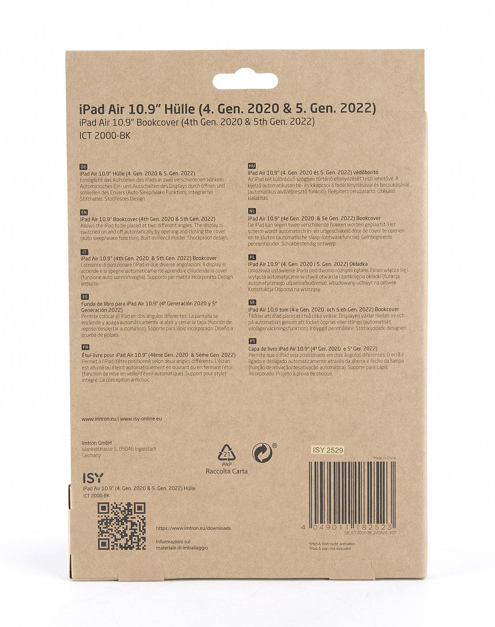 Rückseite einer iPad-Hülle mit Text in mehreren Sprachen.