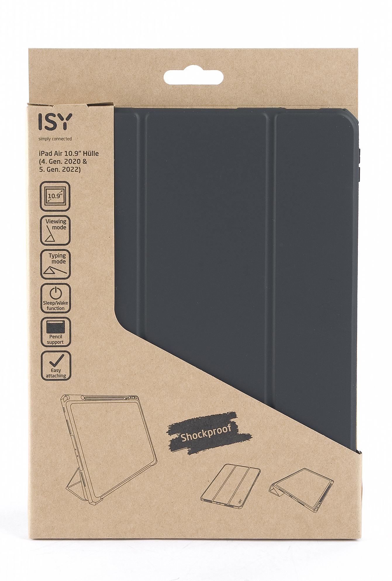 Eine braune Box mit einer dunkelgrauen iPad Air 10.9" Hülle. Sie enthält Informationen und Illustrationen.