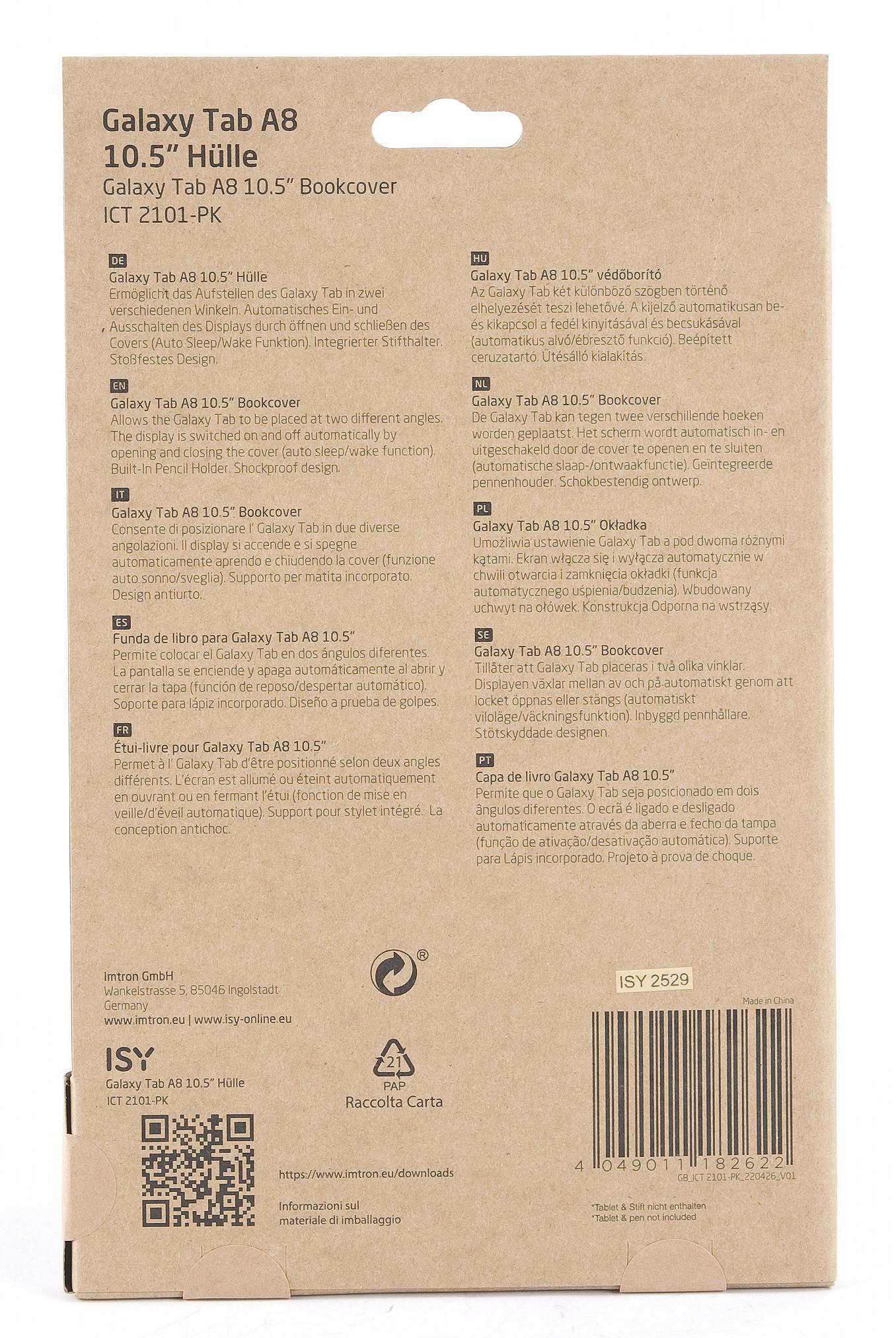 Die Rückseite einer Tablet-Buchhülle mit Text in mehreren Sprachen und einem QR-Code.
