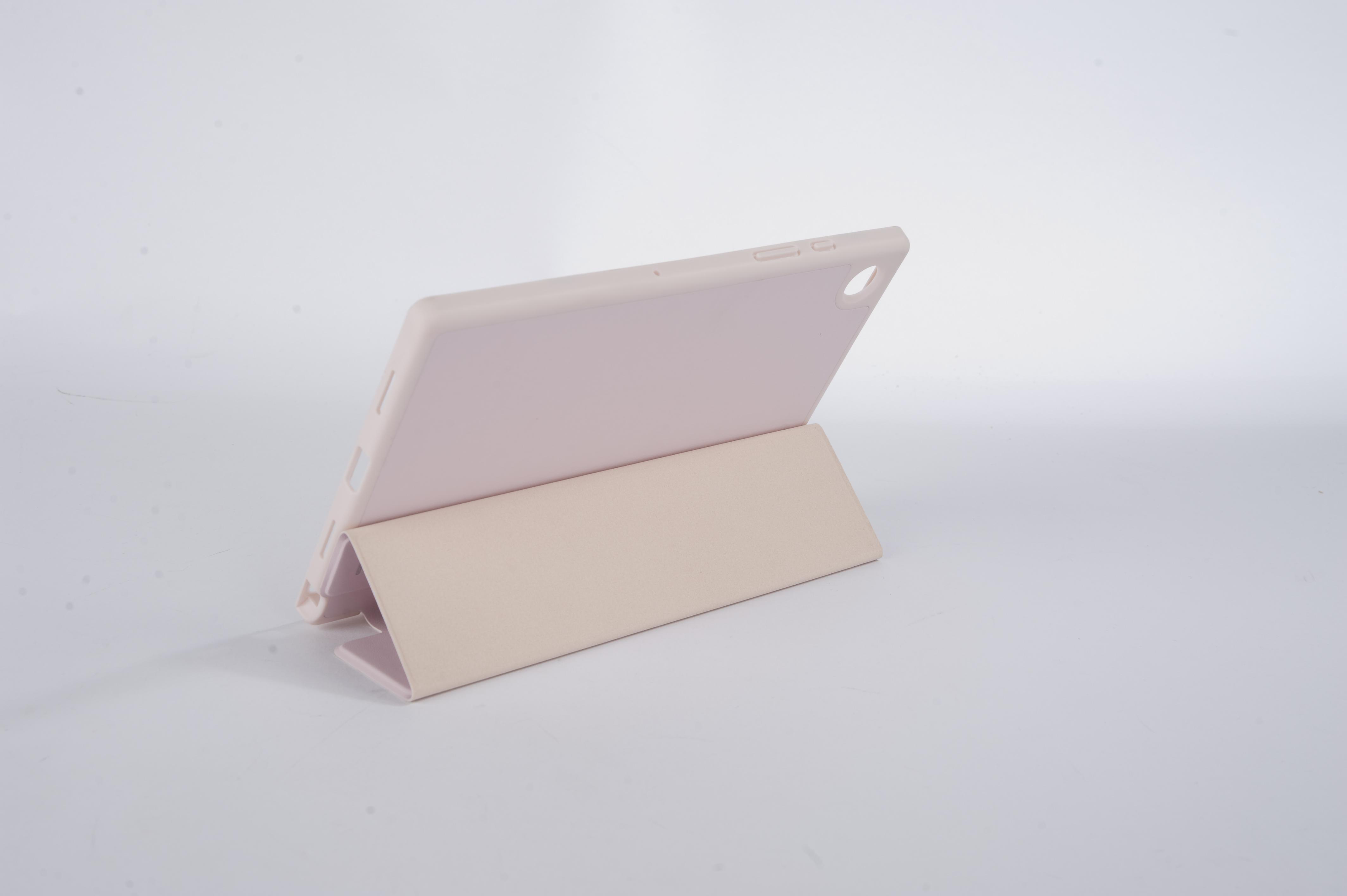 Eine rosa Tablethülle, die zum Aufstellen des Tablets gefaltet werden kann.