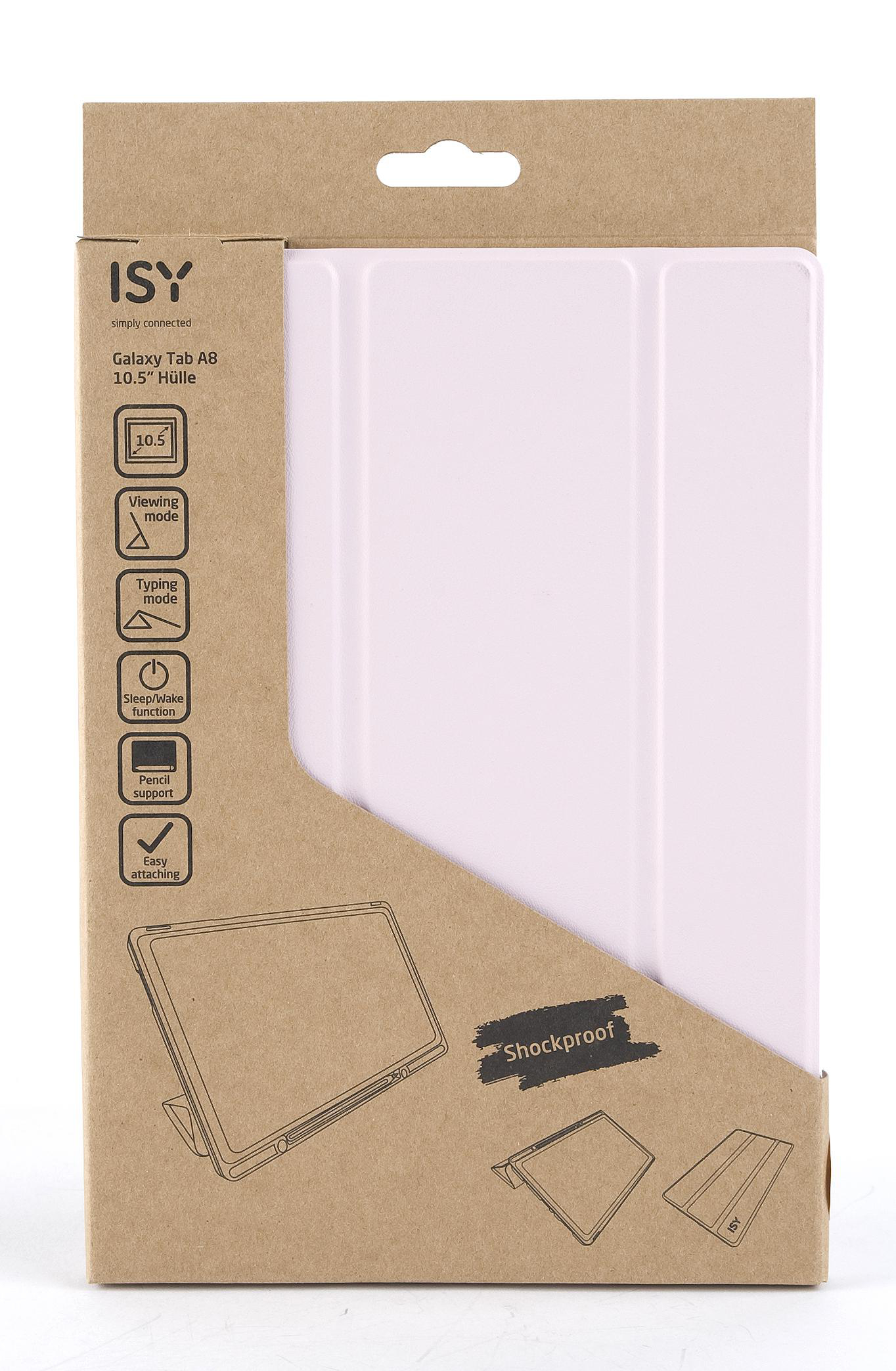 Tablethülle in Verpackung. Brauner Karton mit rosa Hülle und Text auf der Box.