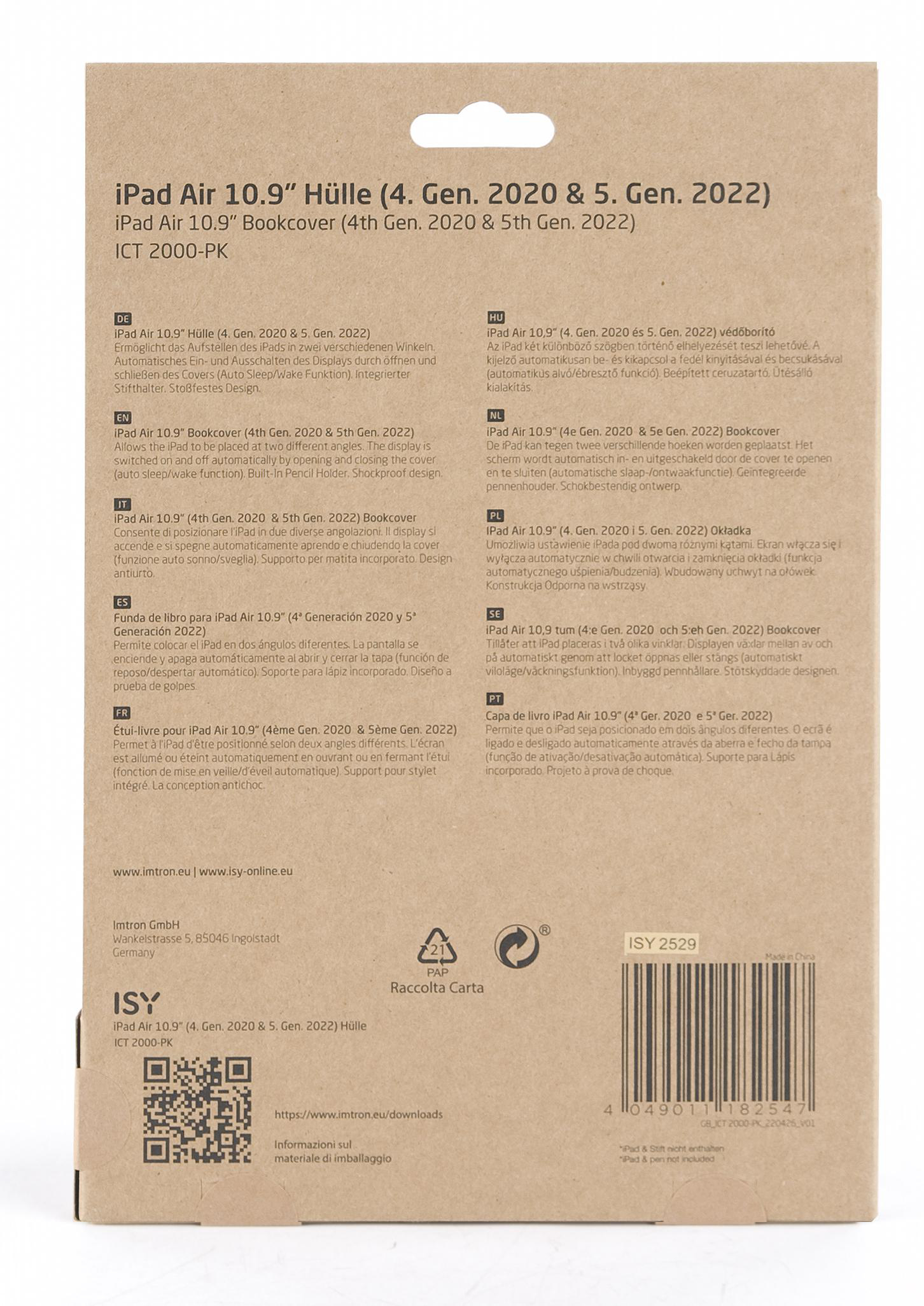 Rückseite der iPad-Box mit Text in mehreren Sprachen, Produktinformationen zeigend.