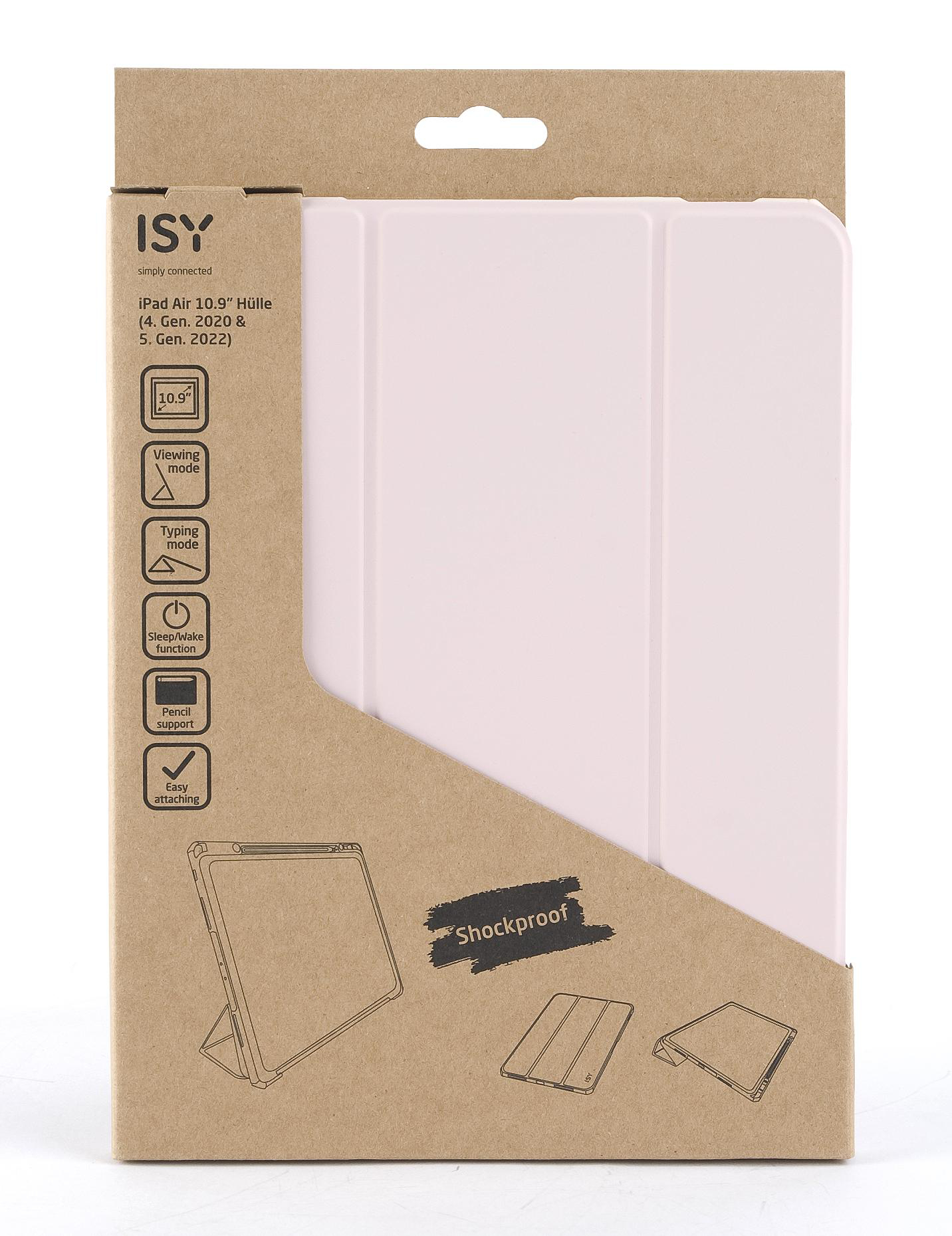 Tablet-Hülle in Verpackung. Beige Farbe mit Text und Zeichnungen. Stoßfest-Etikett ist sichtbar.