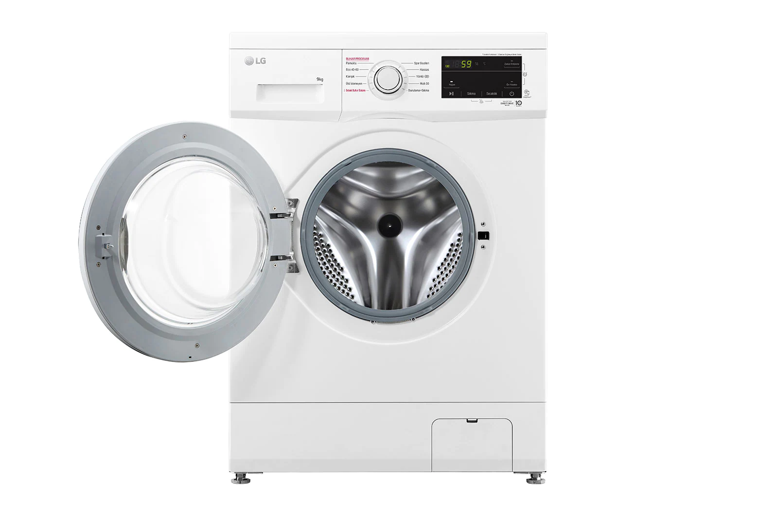 Kapısı açık, içini gösteren beyaz bir LG çamaşır makinesi.