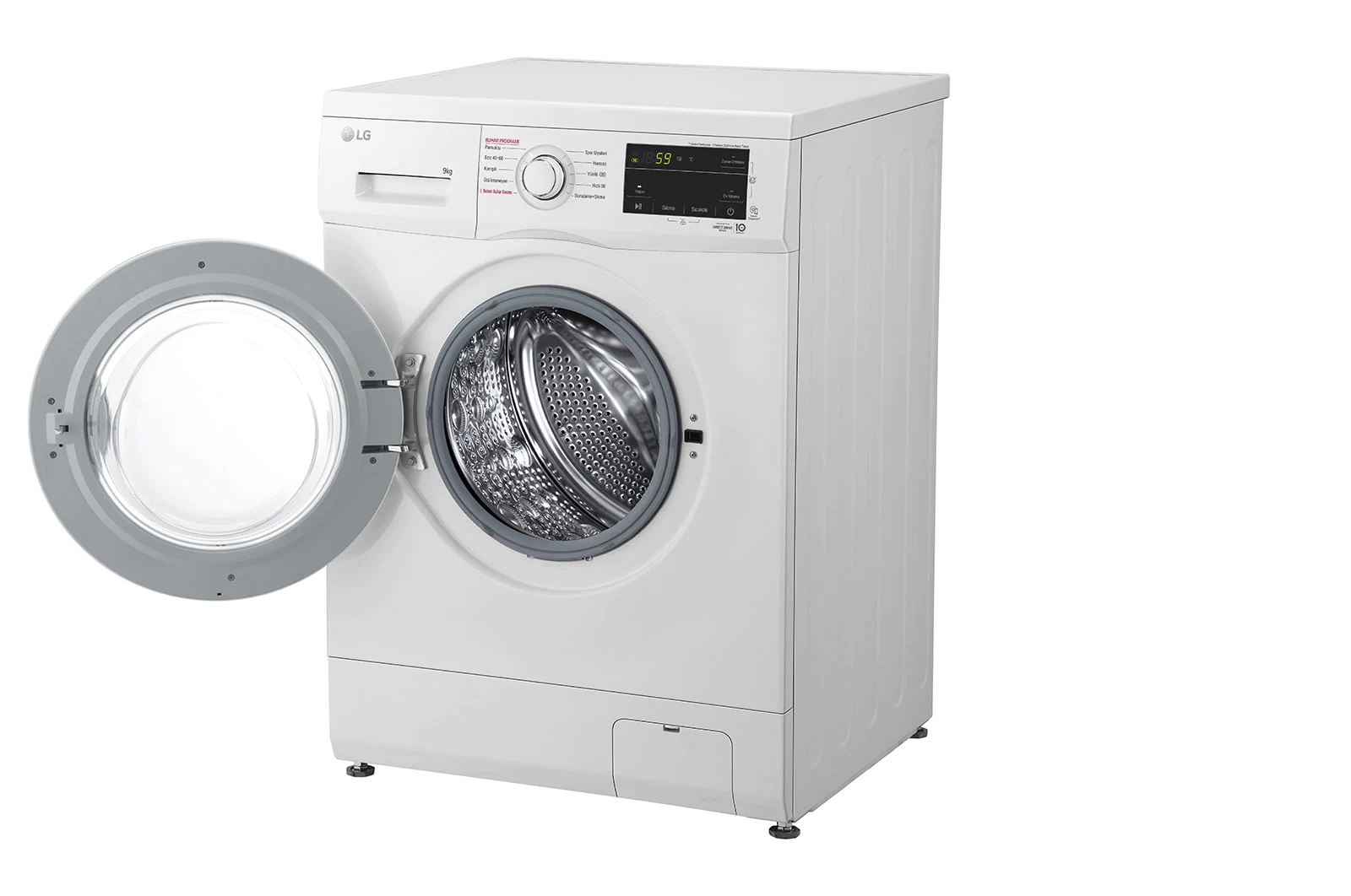 Kapısı açık beyaz bir LG çamaşır makinesi. Tambur görülebilir.