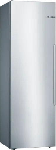 Un grand réfrigérateur en acier inoxydable avec une seule porte et une poignée à droite.