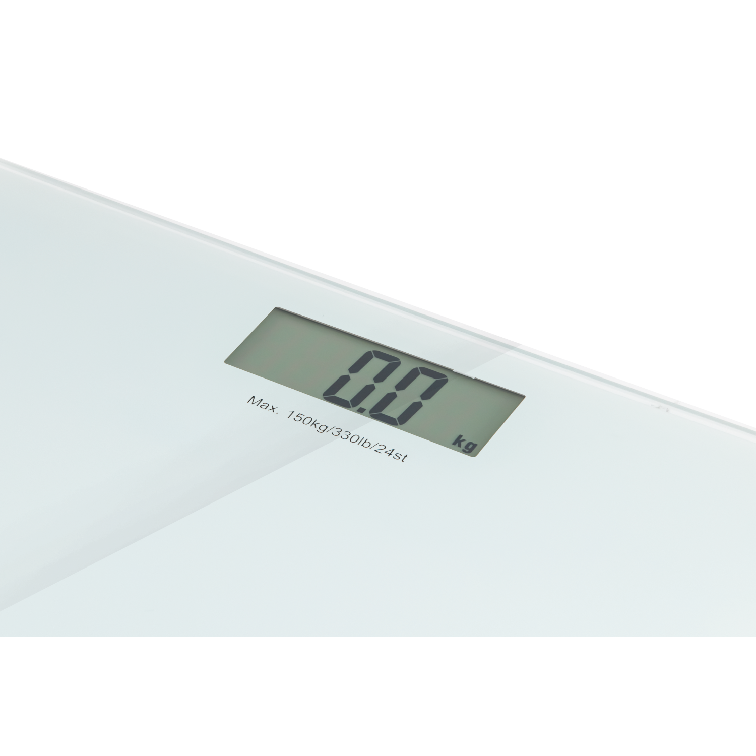 Een digitale weegschaal met 0,0 kg. De weegschaal is wit en heeft een glazen bovenkant.
