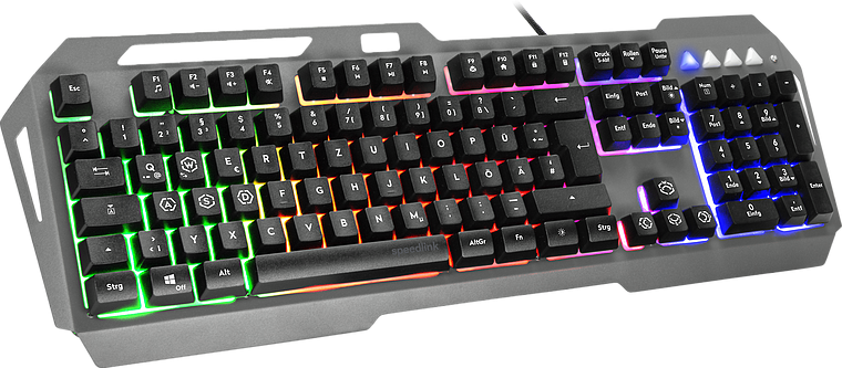 Világító gamer billentyűzet színes fényekkel, sötét háttérrel.
