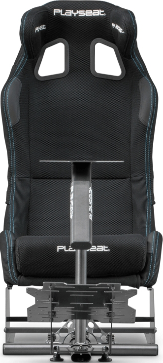 Una sedia da gioco Playseat nera con telaio in metallo e supporto per volante.