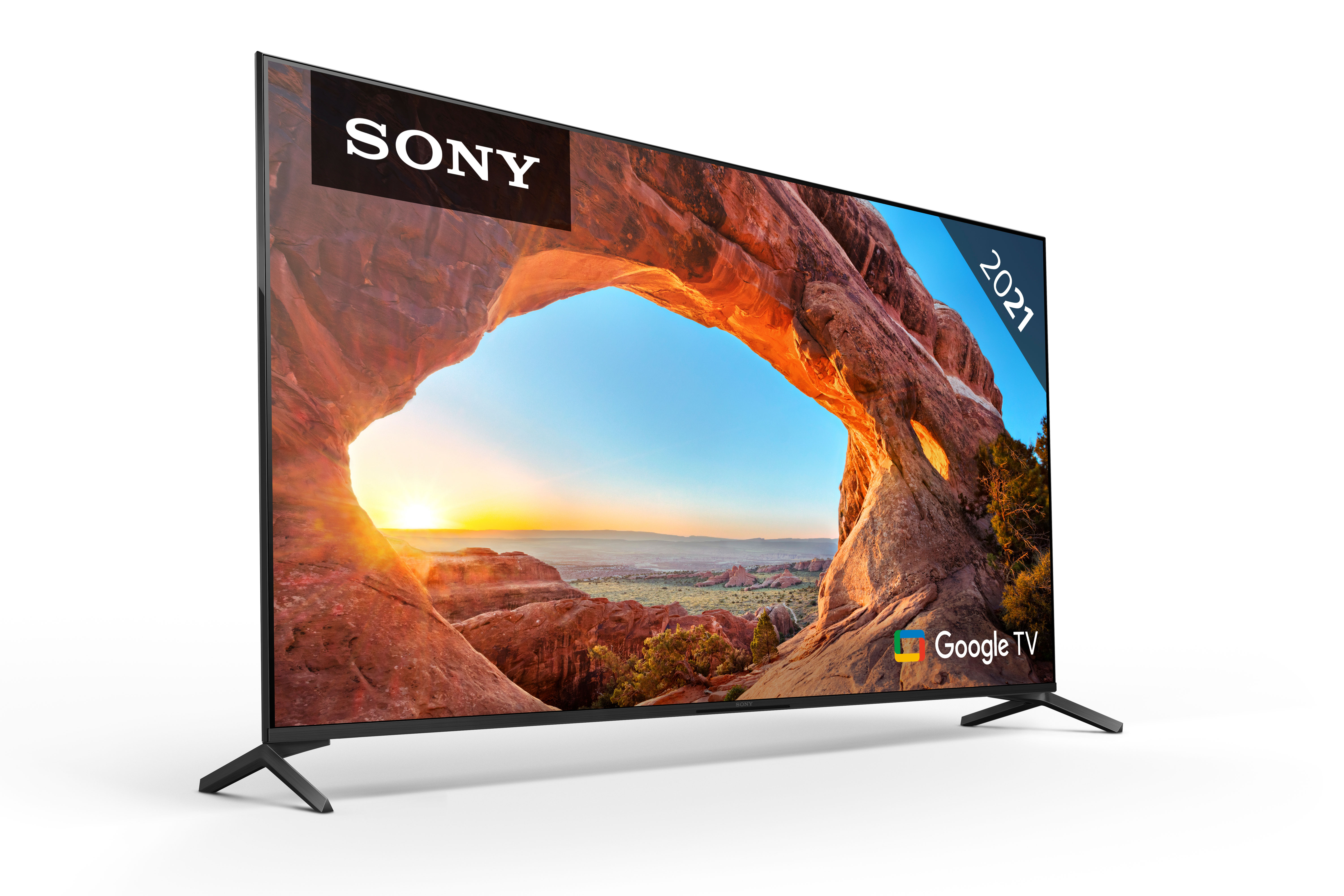 Ekranında manzara olan Sony TV. Siyah çerçeve ve standa sahip.