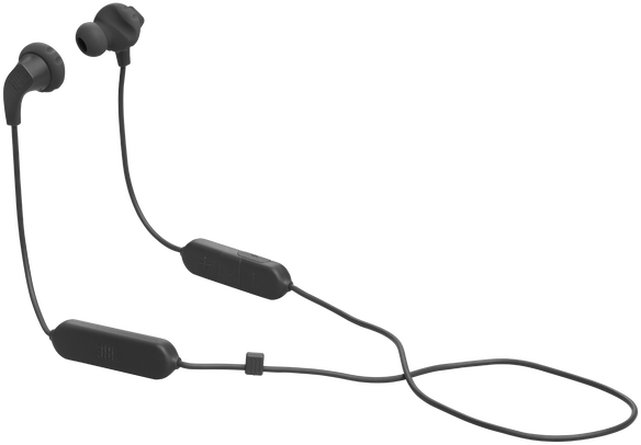Fekete JBL vezeték nélküli fülhallgató csatlakozó vezetékkel, fekete távirányítóval és JBL logóval.