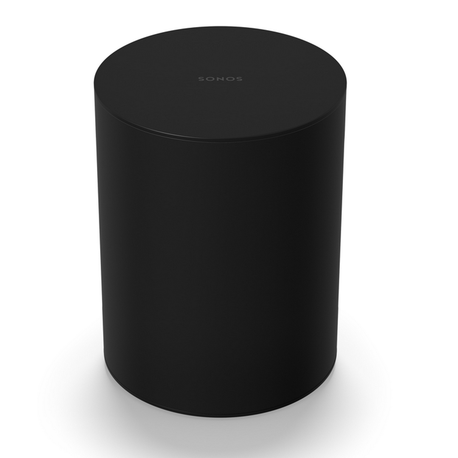 Un altavoz Sonos cilíndrico negro sobre un fondo blanco.