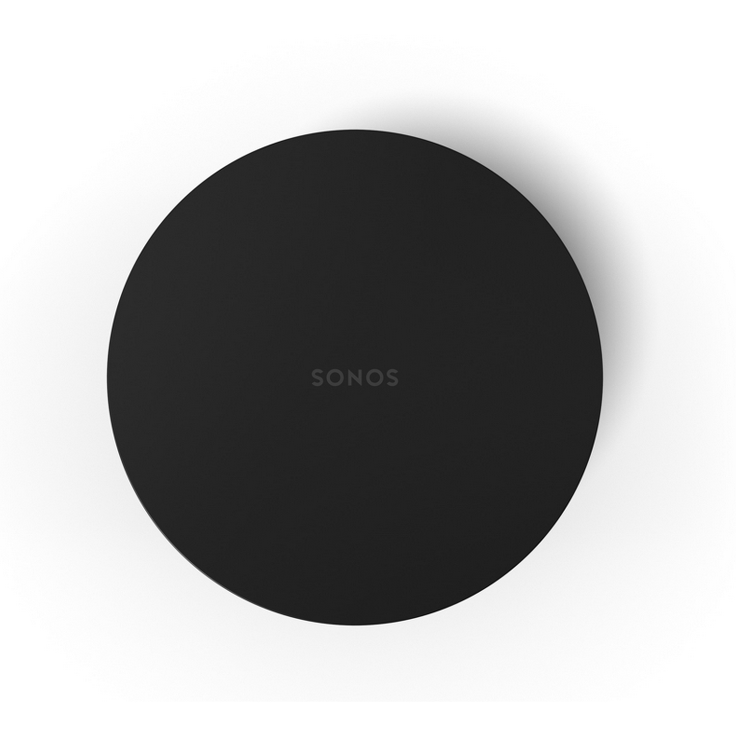 Altavoz Sonos negro, circular, vista superior, centrado sobre fondo blanco. Marca visible.
