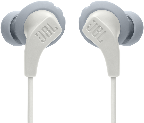 Fehér JBL fülhallgatók szürke füldugókkal, közelkép.